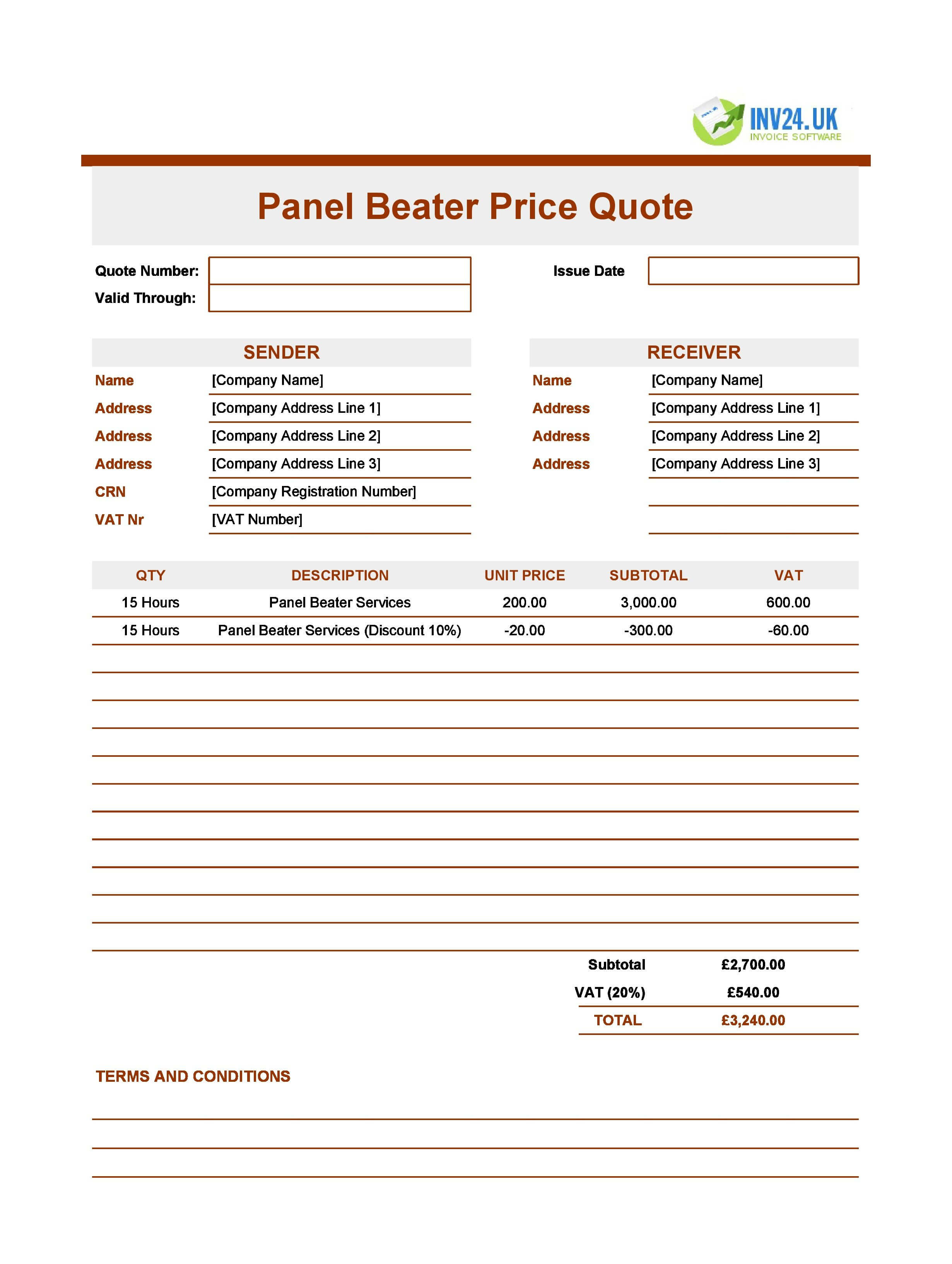 Panel Beater Quote Template for UK (Excel / Google Sheets)