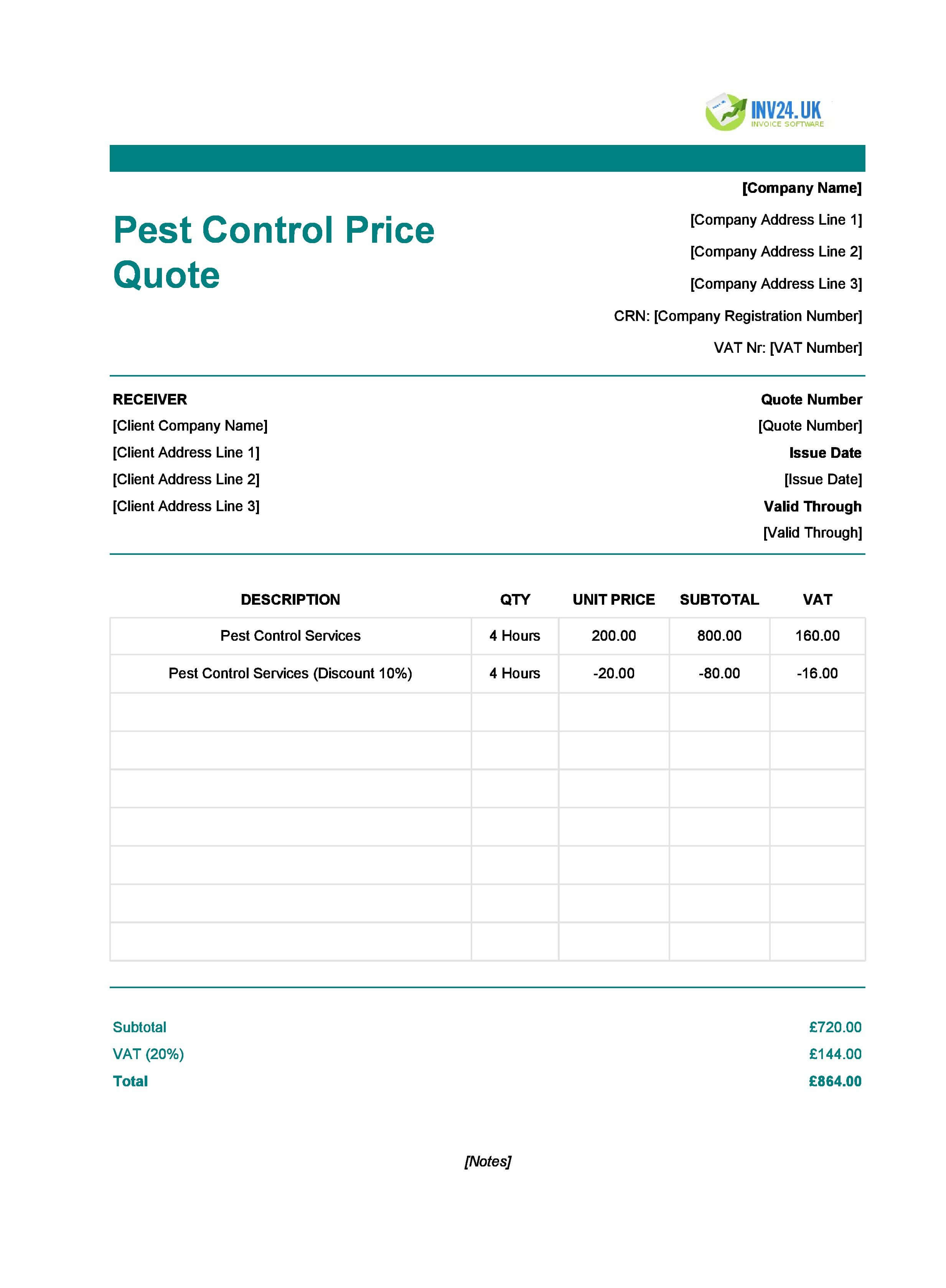 Pest Control Quote Template for UK (Excel / Google Sheets)