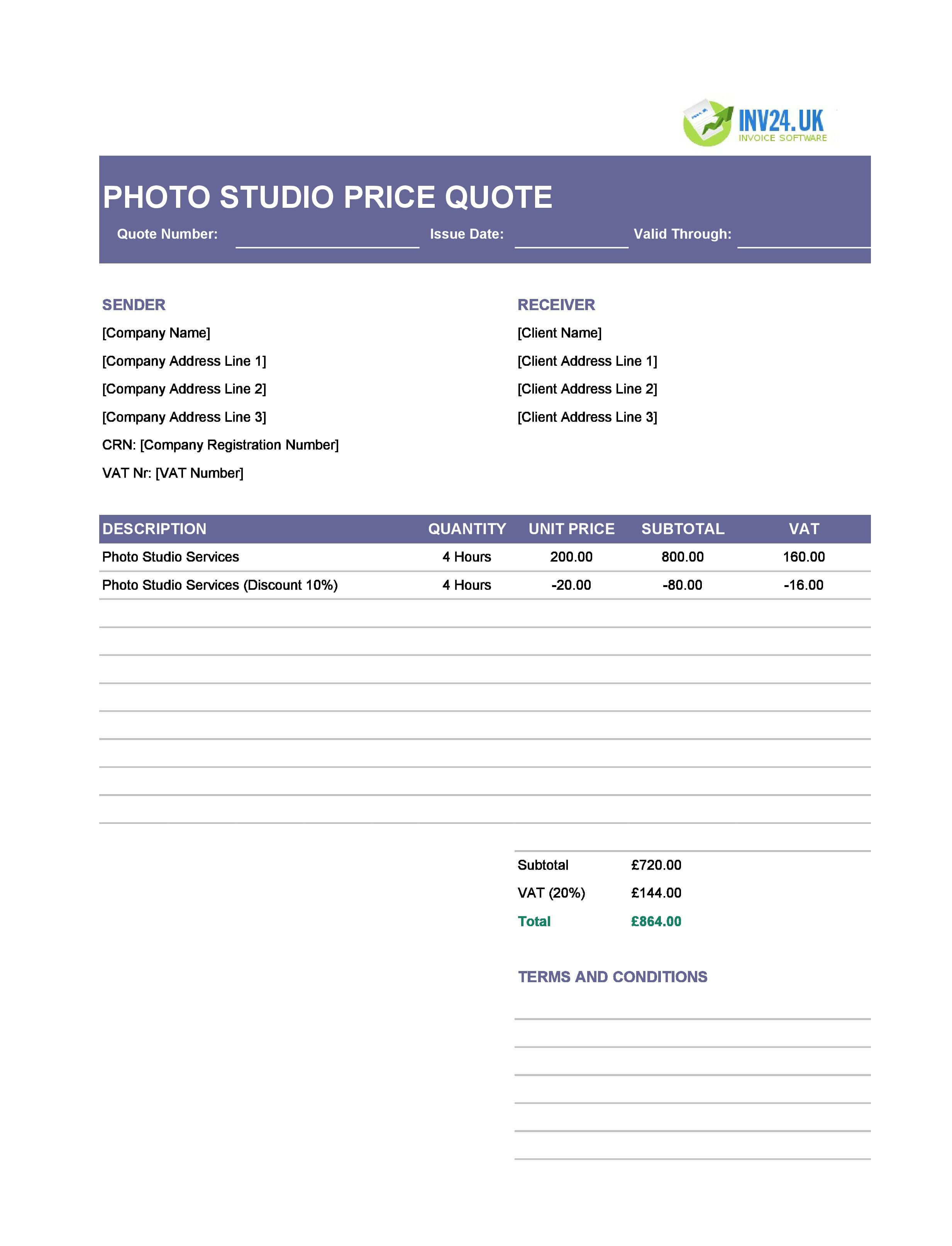Photo Studio Quote Template for UK (Excel / Google Sheets)