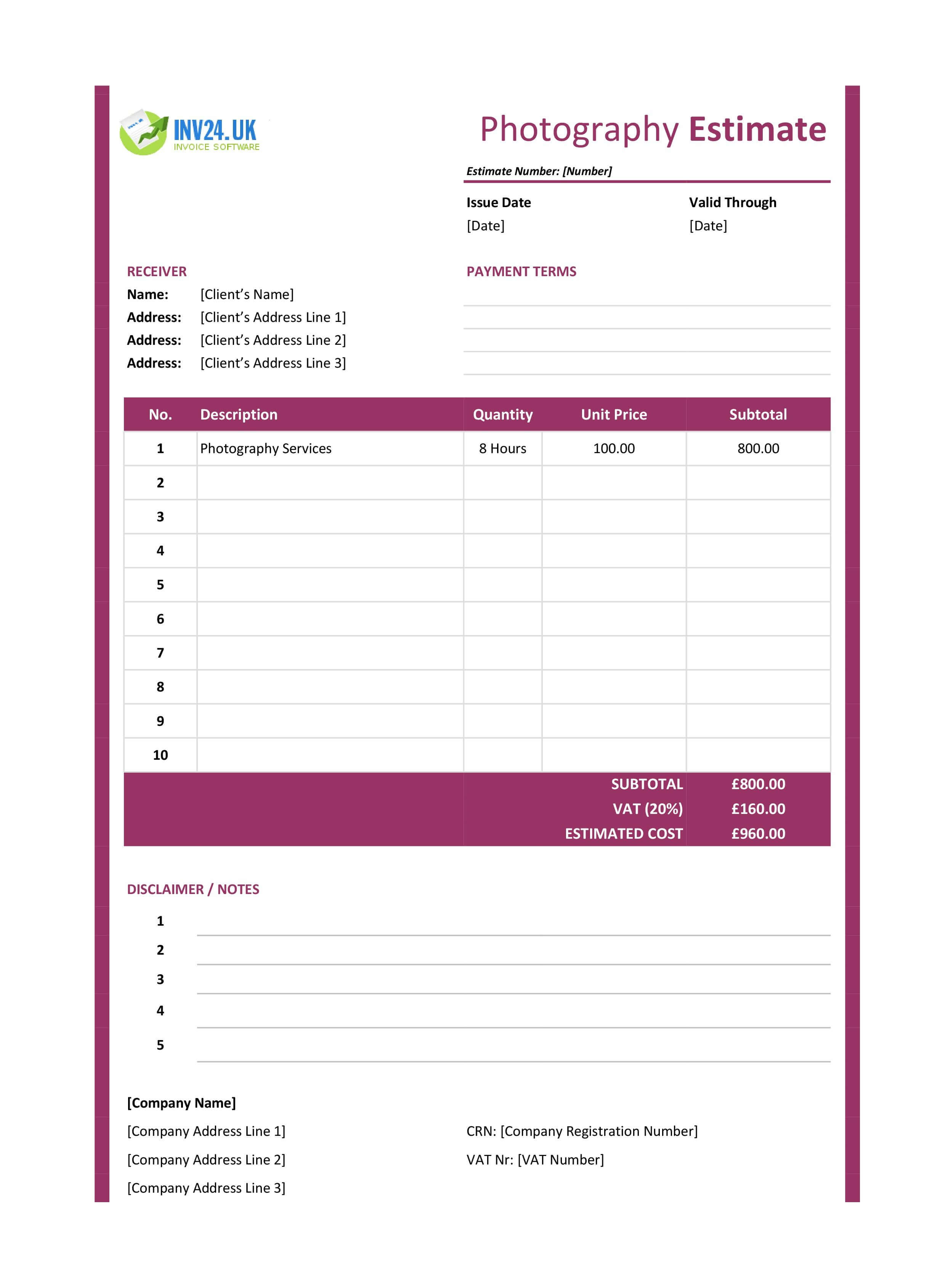 Photography Estimate Template for UK (Excel / Google Sheets)