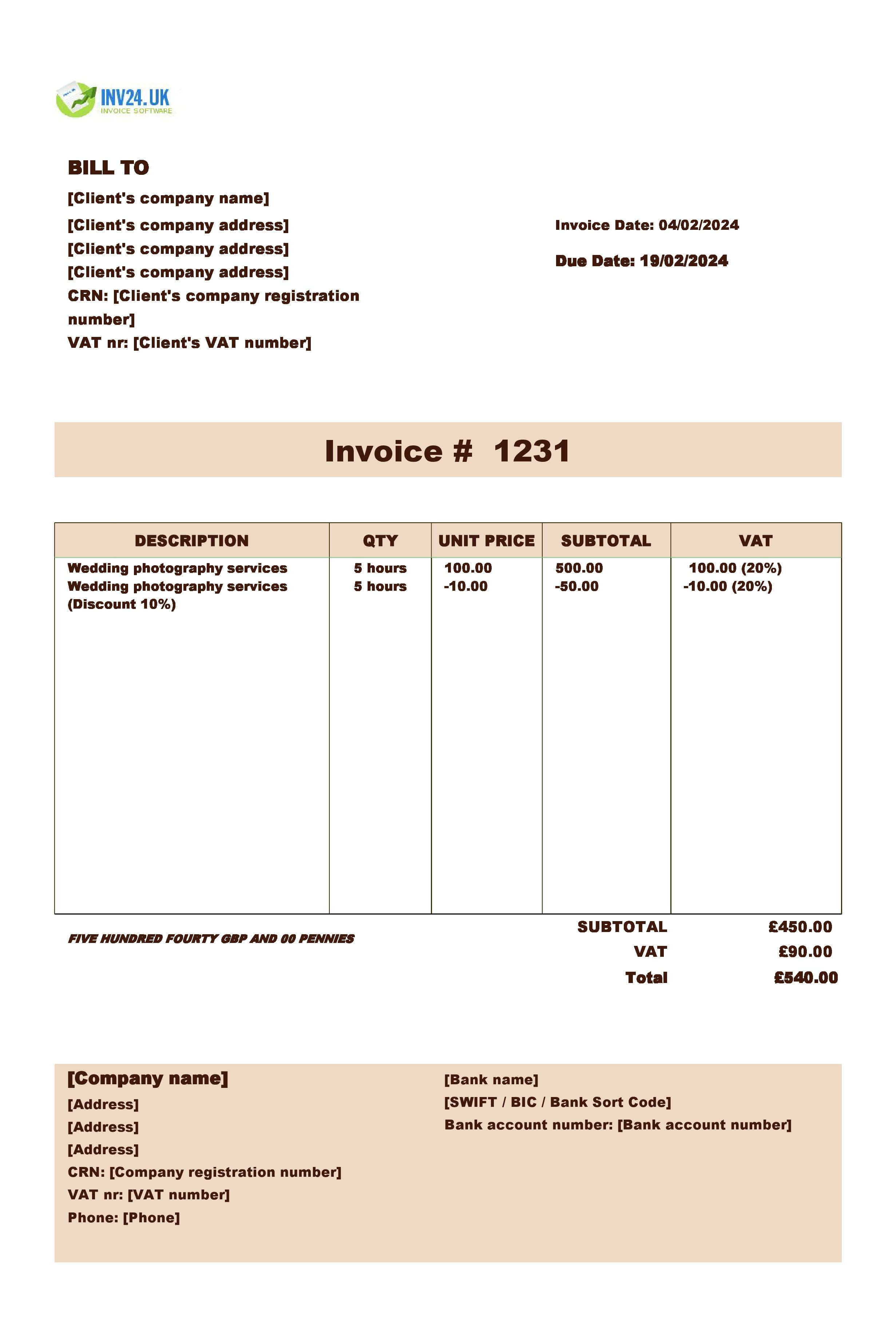 Photography Invoice Template UK (Excel / Google Sheets)