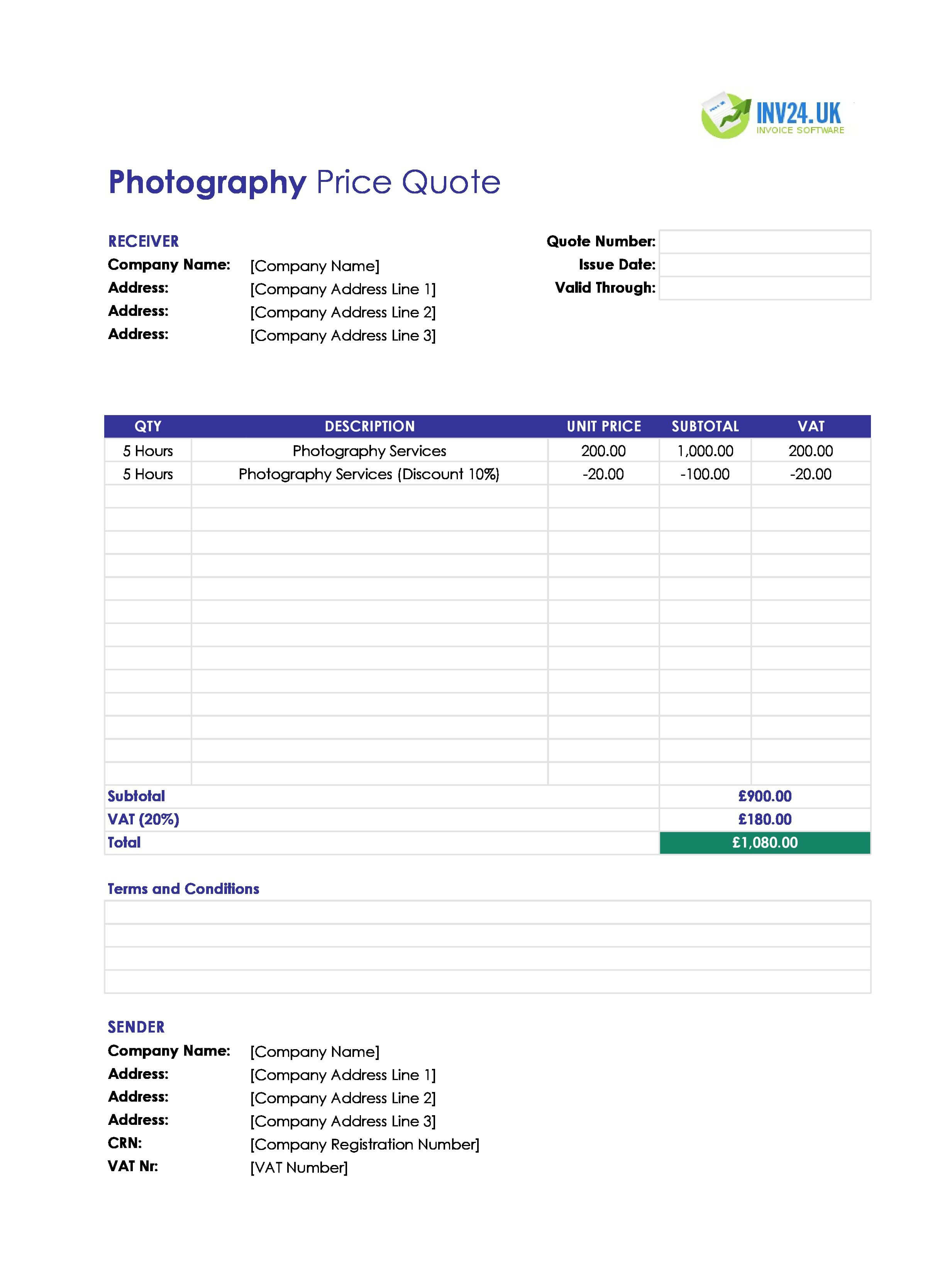 Photography Quote Template for UK (Excel / Google Sheets)