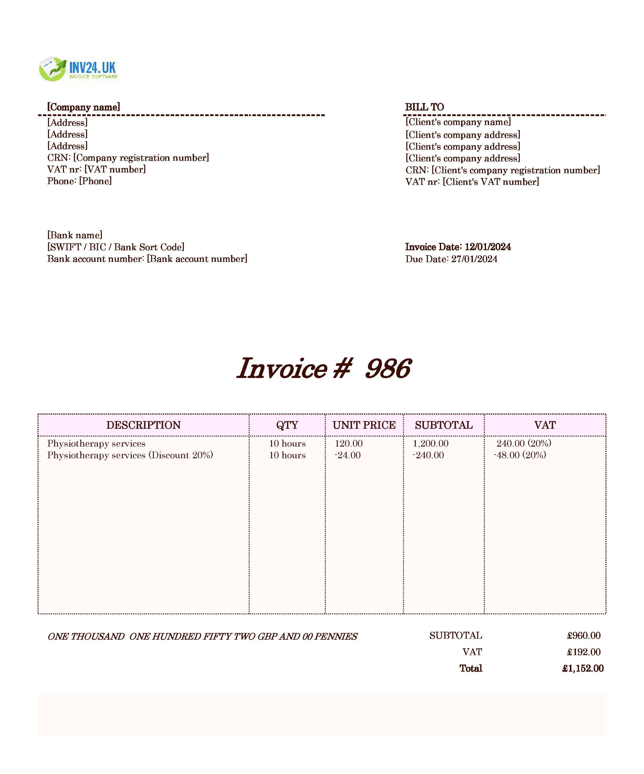 Physiotherapy Invoice Template UK (Excel / Google Sheets)