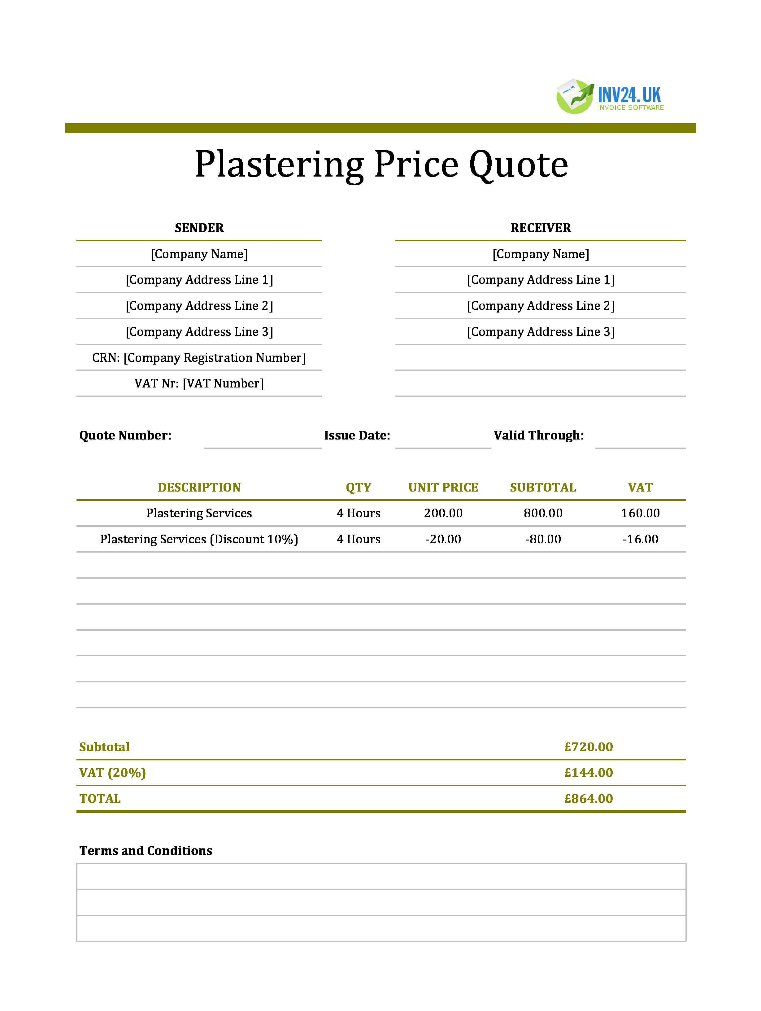 Plastering Quote Template for UK (Excel / Google Sheets)