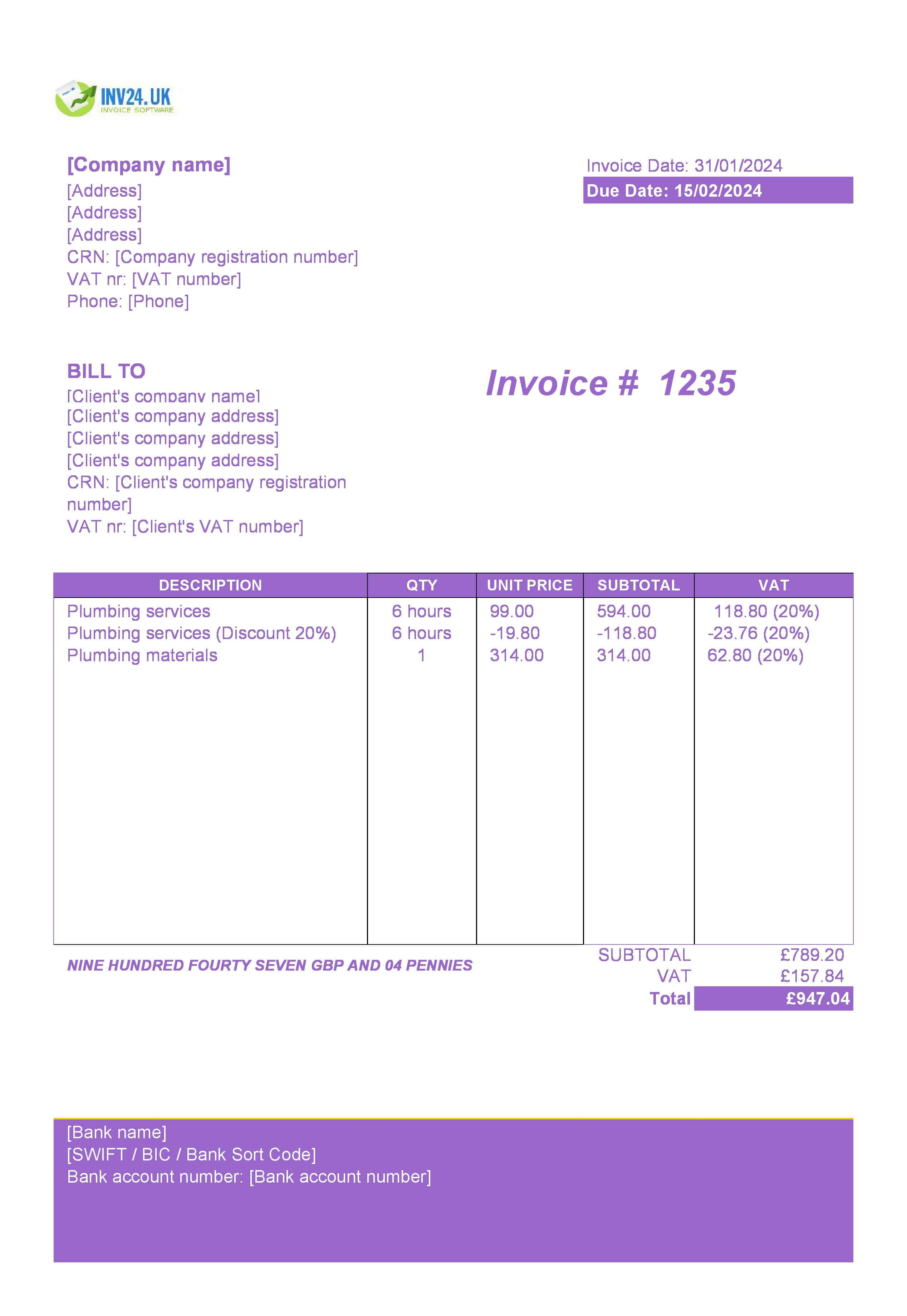 plumbing invoice template UK