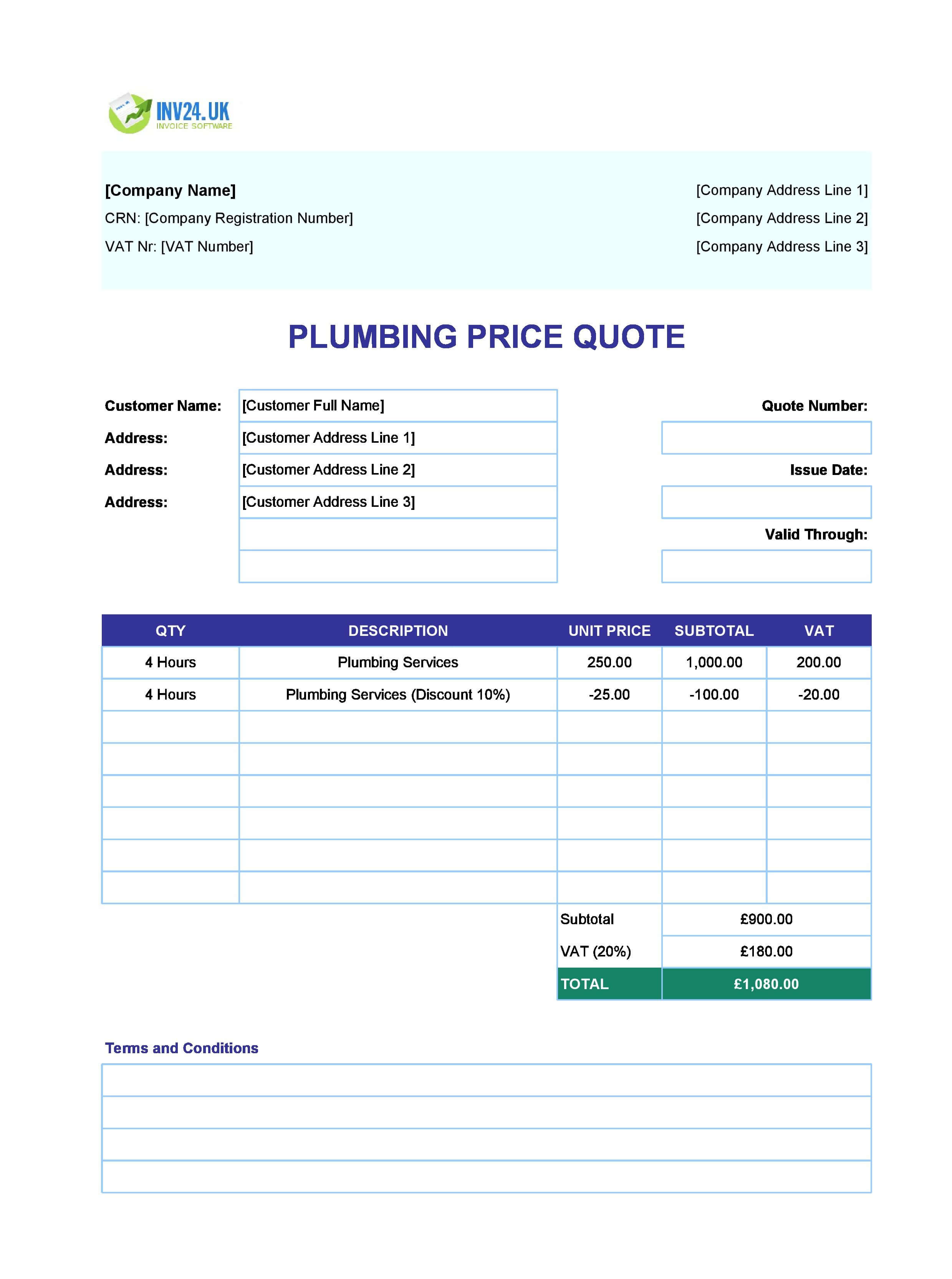 Plumbing Quote Template for UK (Excel / Google Sheets)