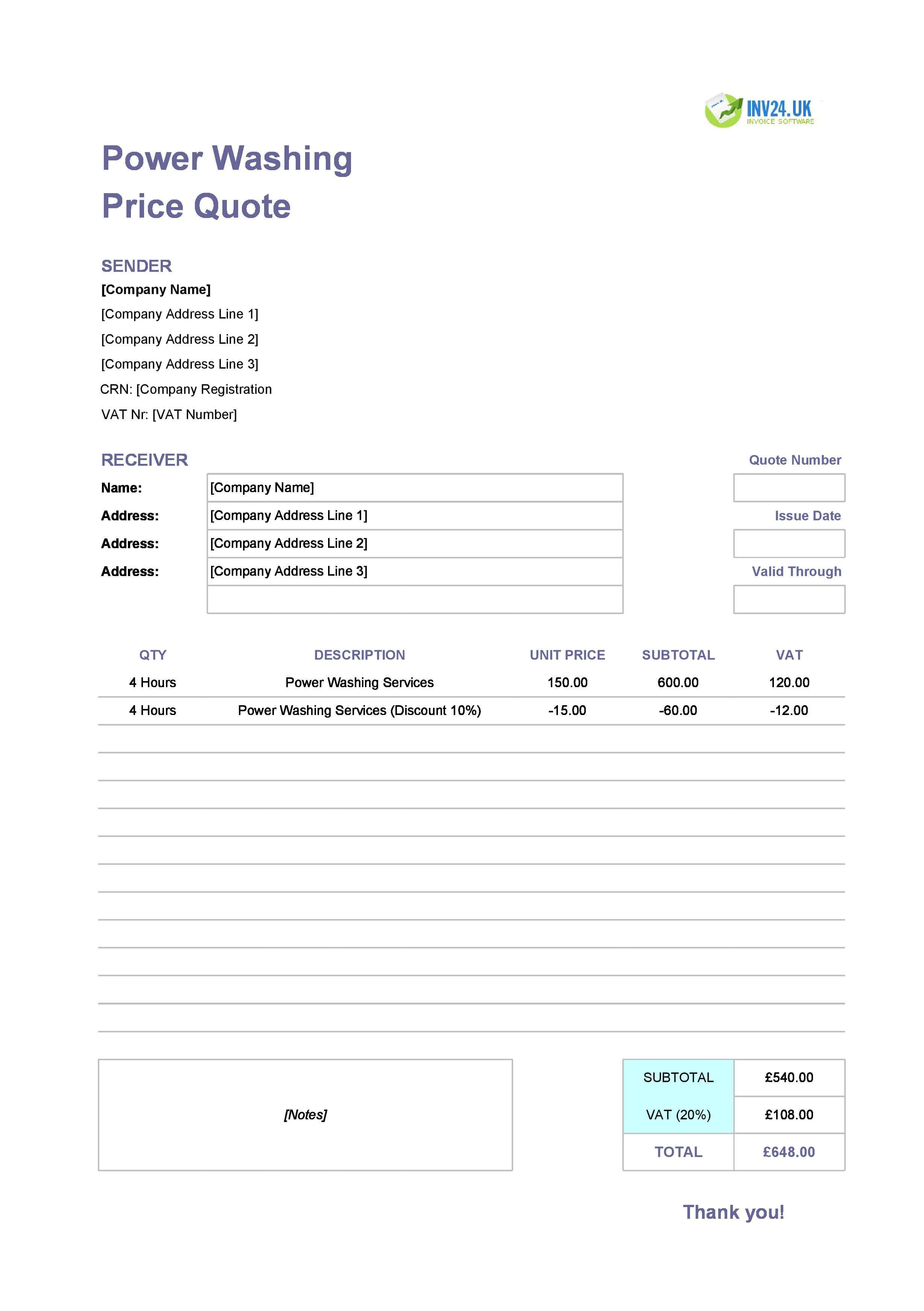 Power Washing Quote Template for UK (Excel / Google Sheets)