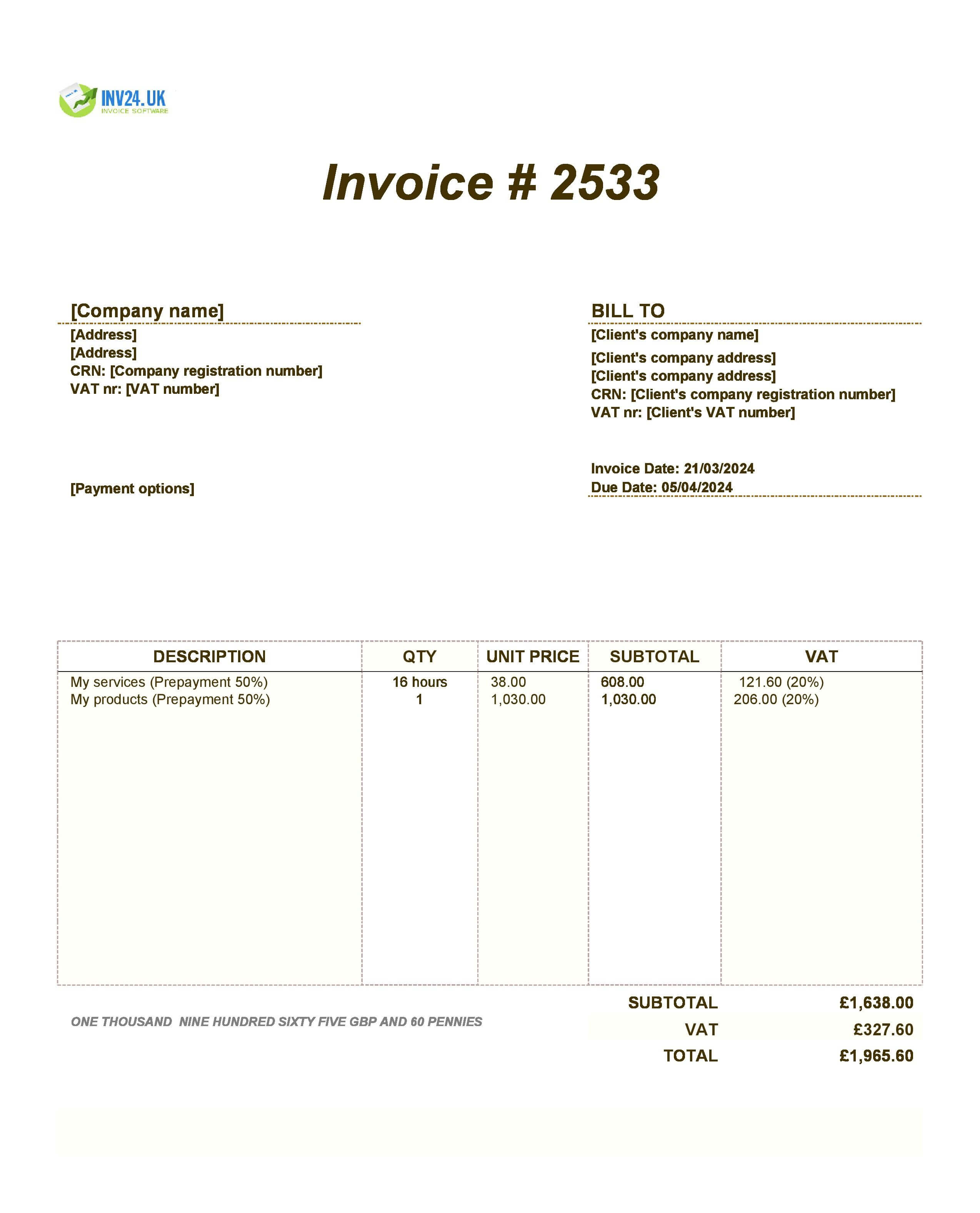 prepayment invoice example