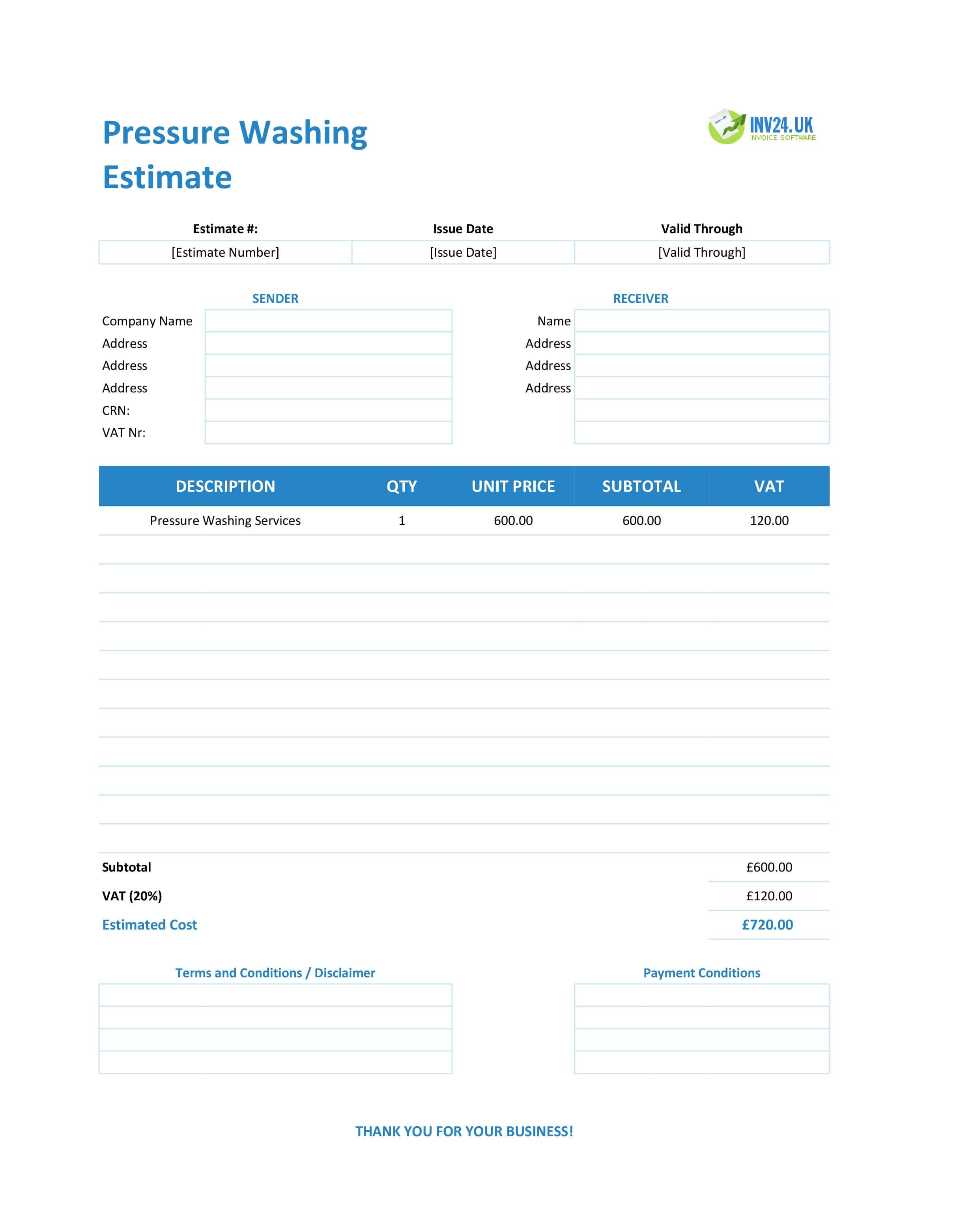 Pressure Washing Estimate Template for UK (Excel / Google Sheets)