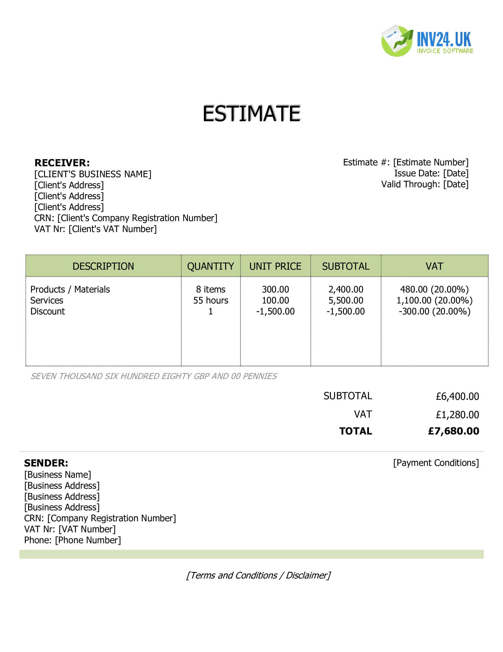 Price Estimate Template for UK (Word / Google Docs)