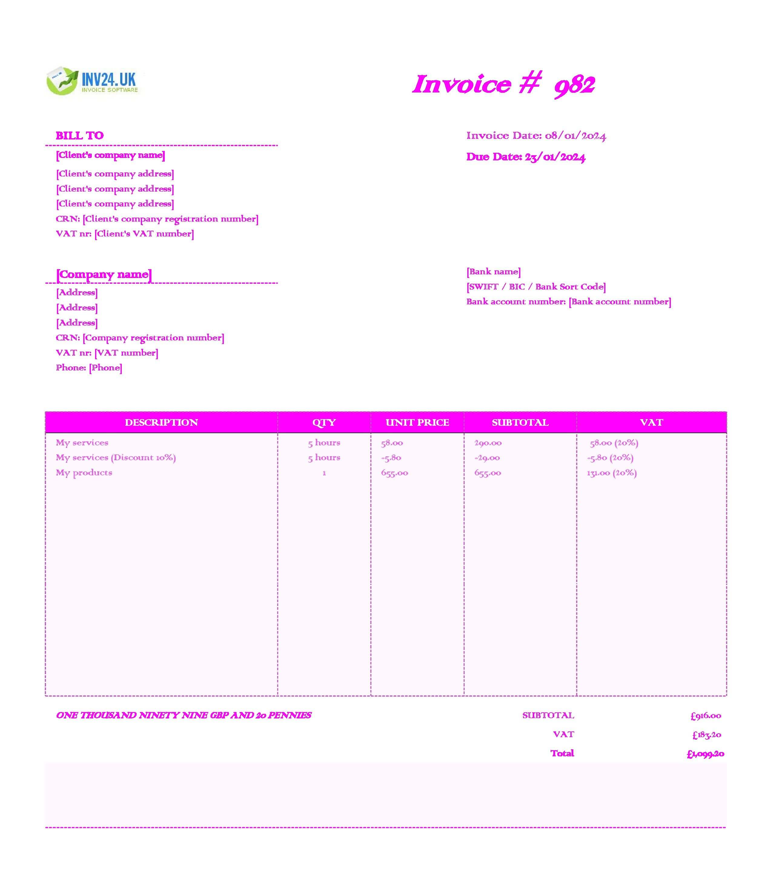 printable blank invoice template UK