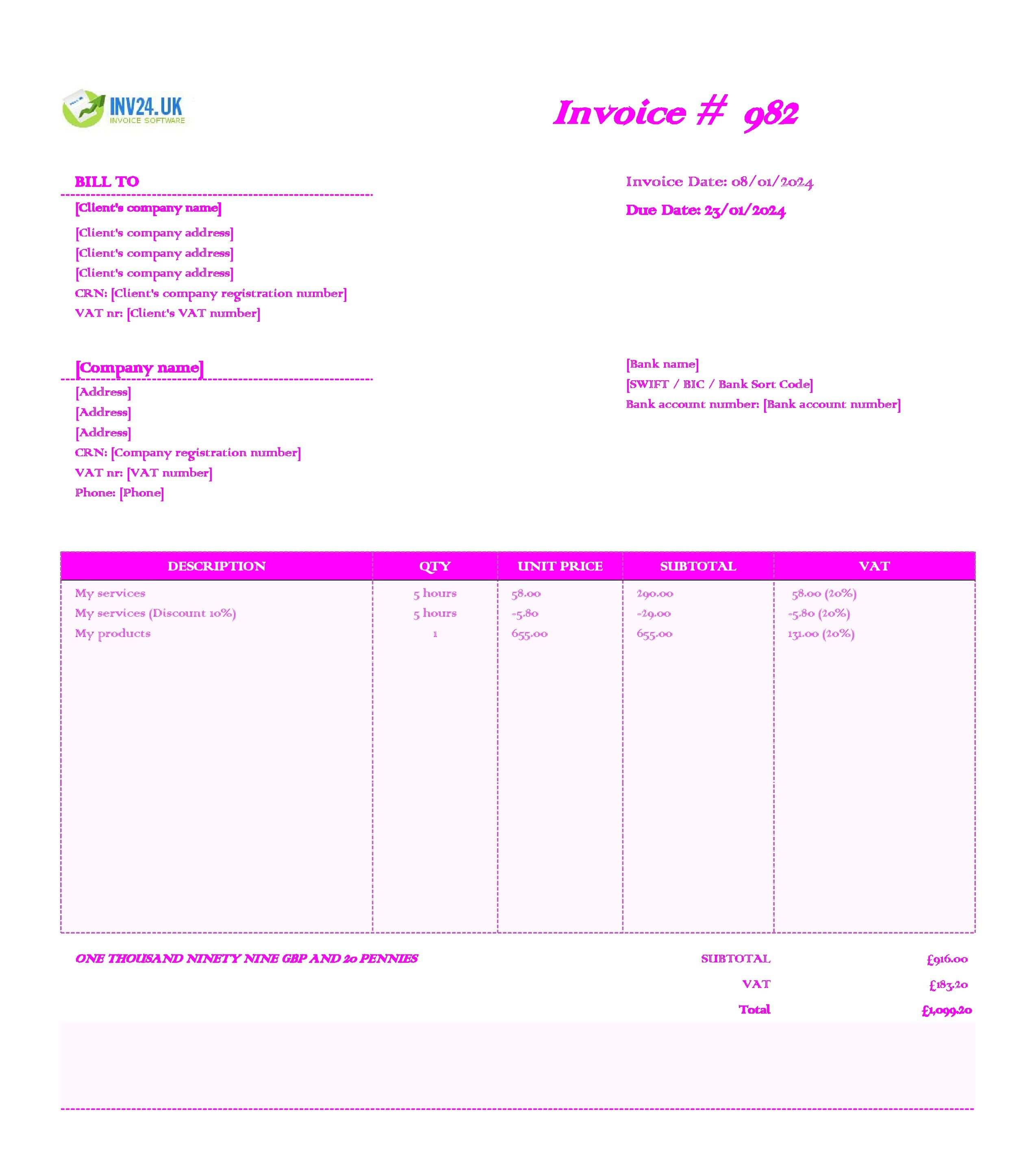 Printable Blank Invoice Template UK (Excel / Google Sheets)