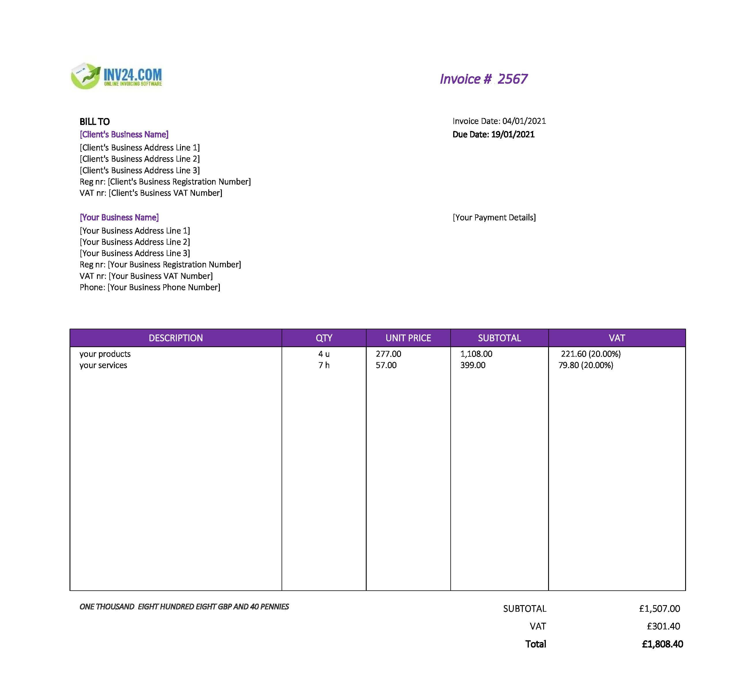 printable invoice template uk