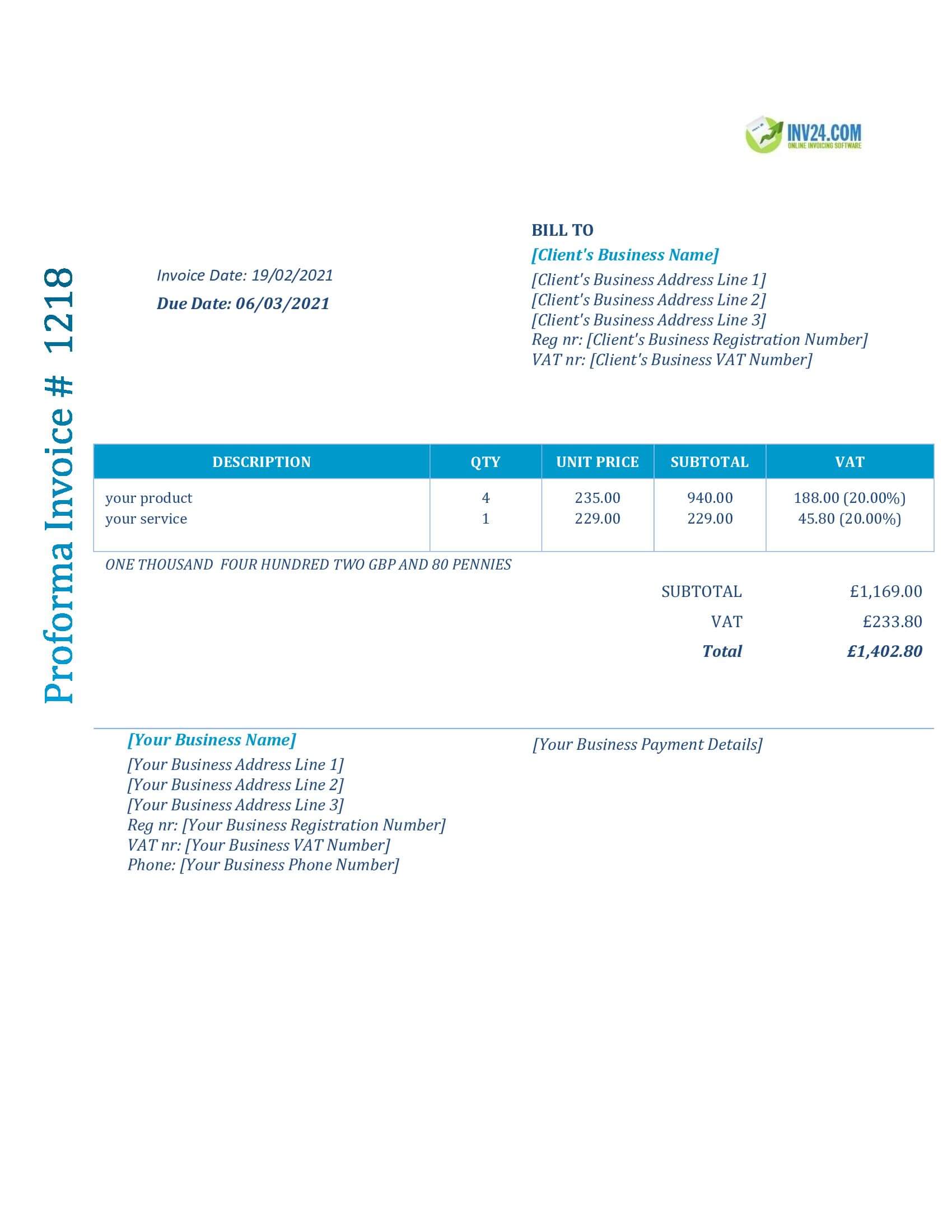 proforma invoice template uk