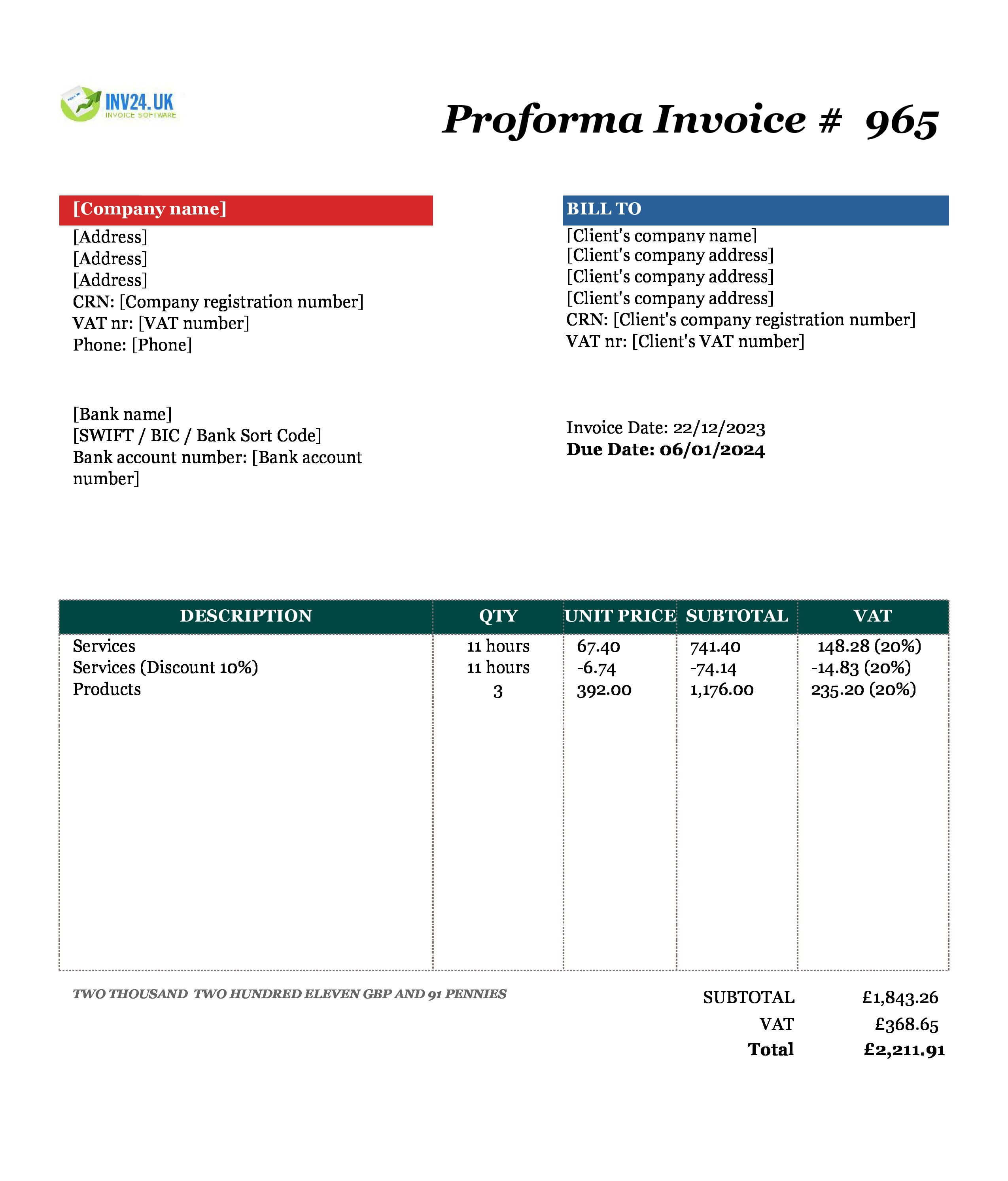 proforma invoice template sheets UK
