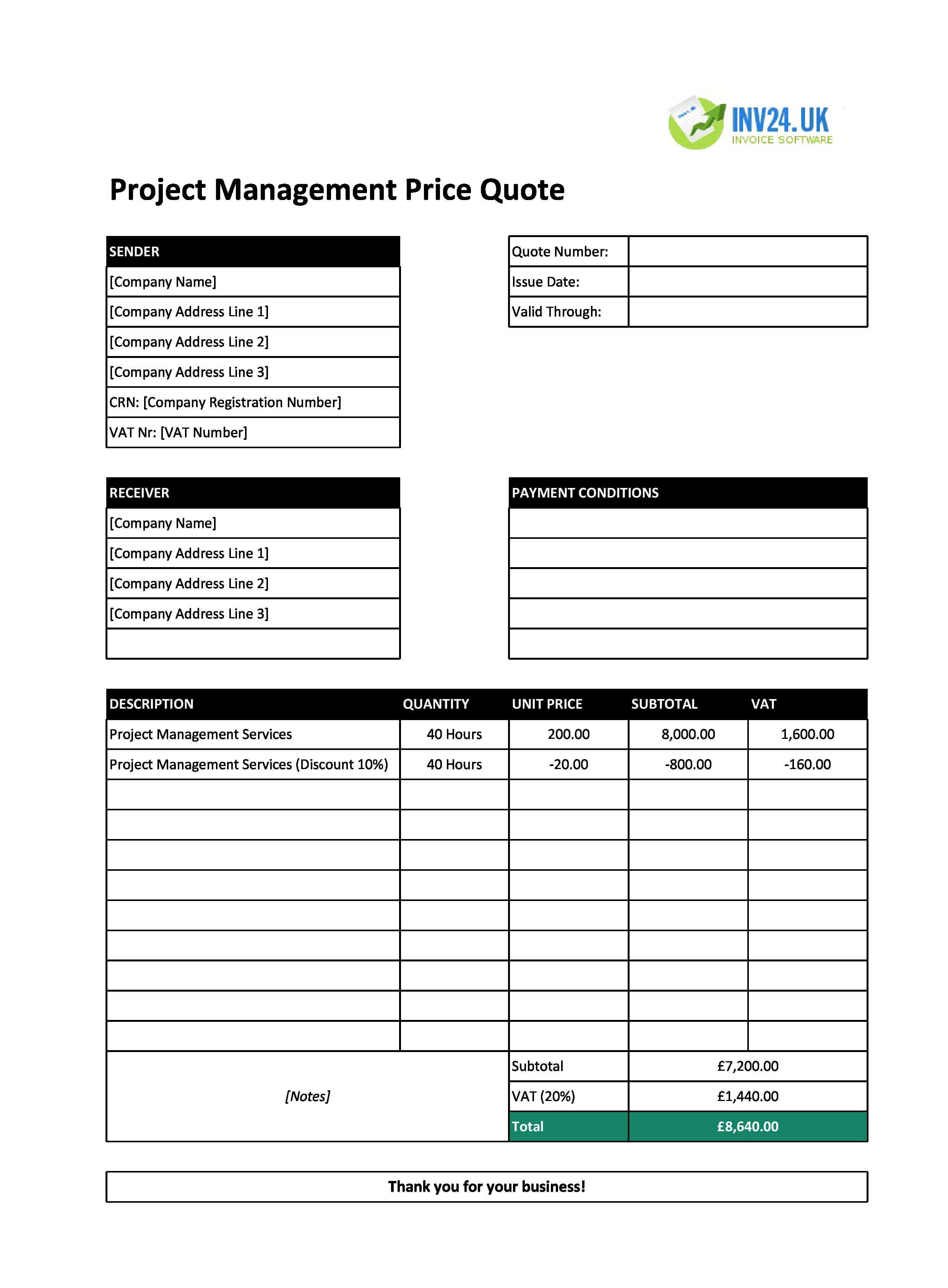 Project Management Quote Template for UK (Excel / Google Sheets)