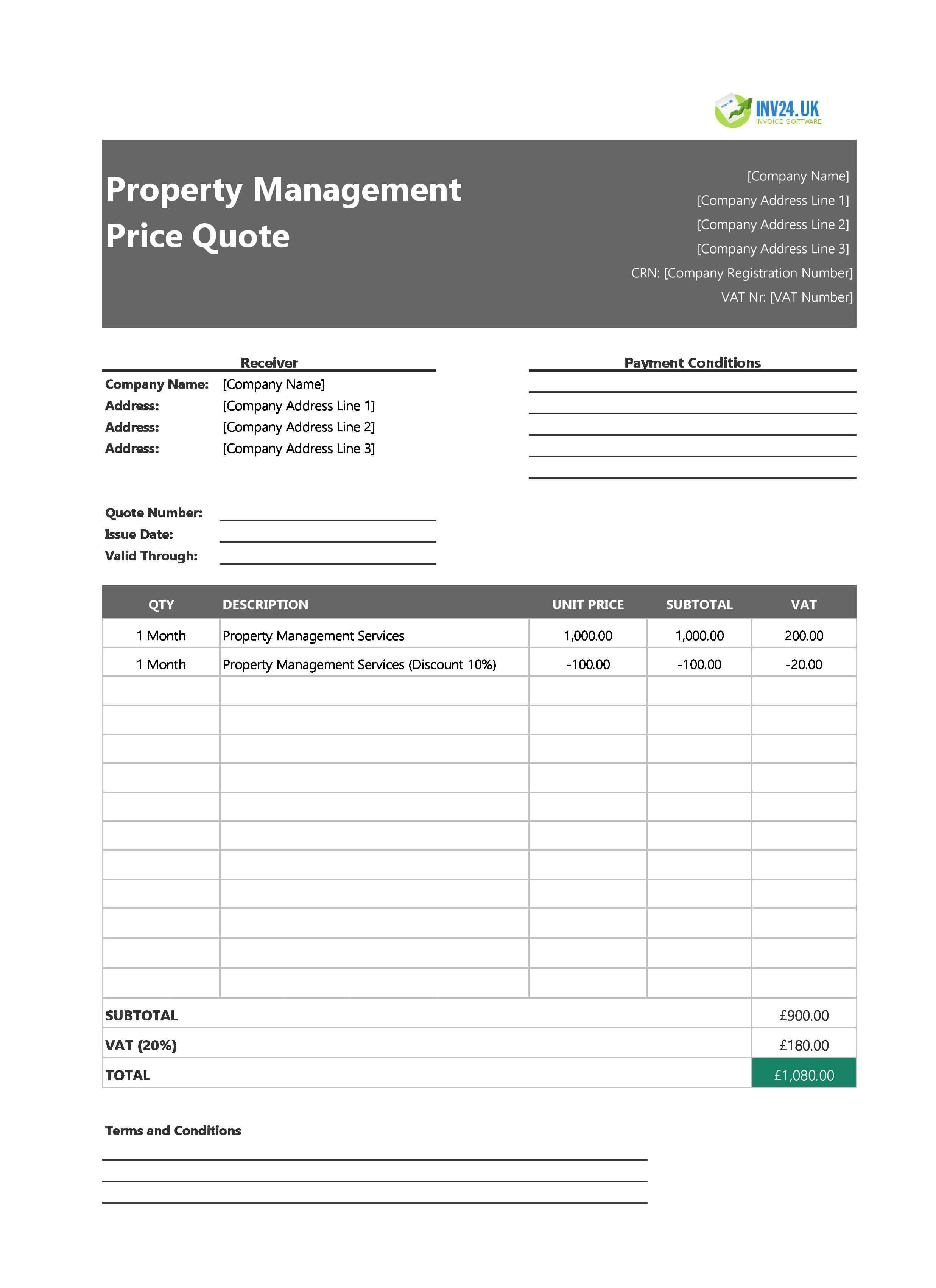 Property Management Quote Template for UK (Excel / Google Sheets)