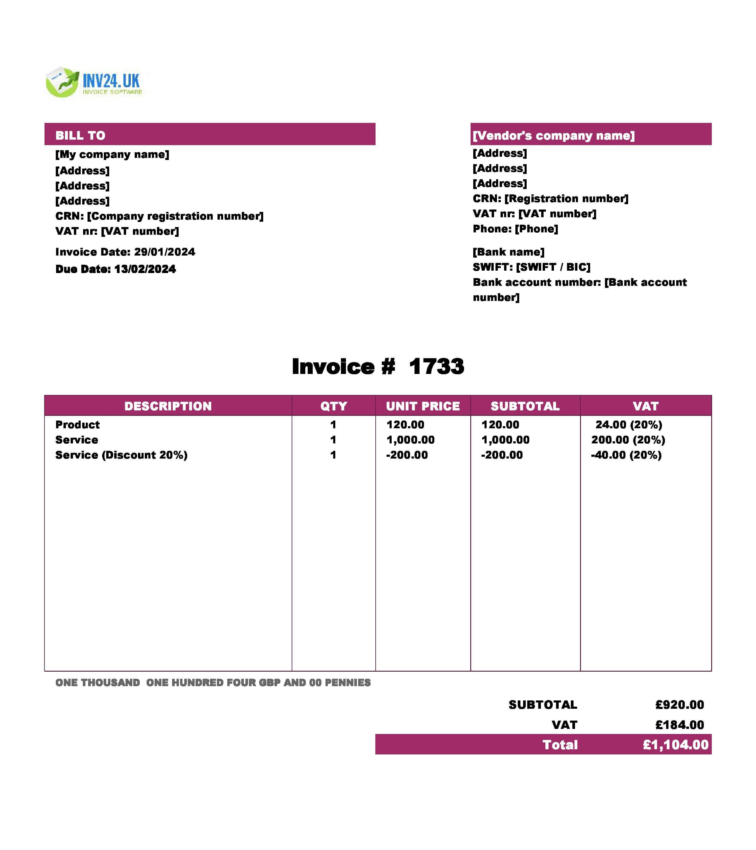 purchase invoice template UK