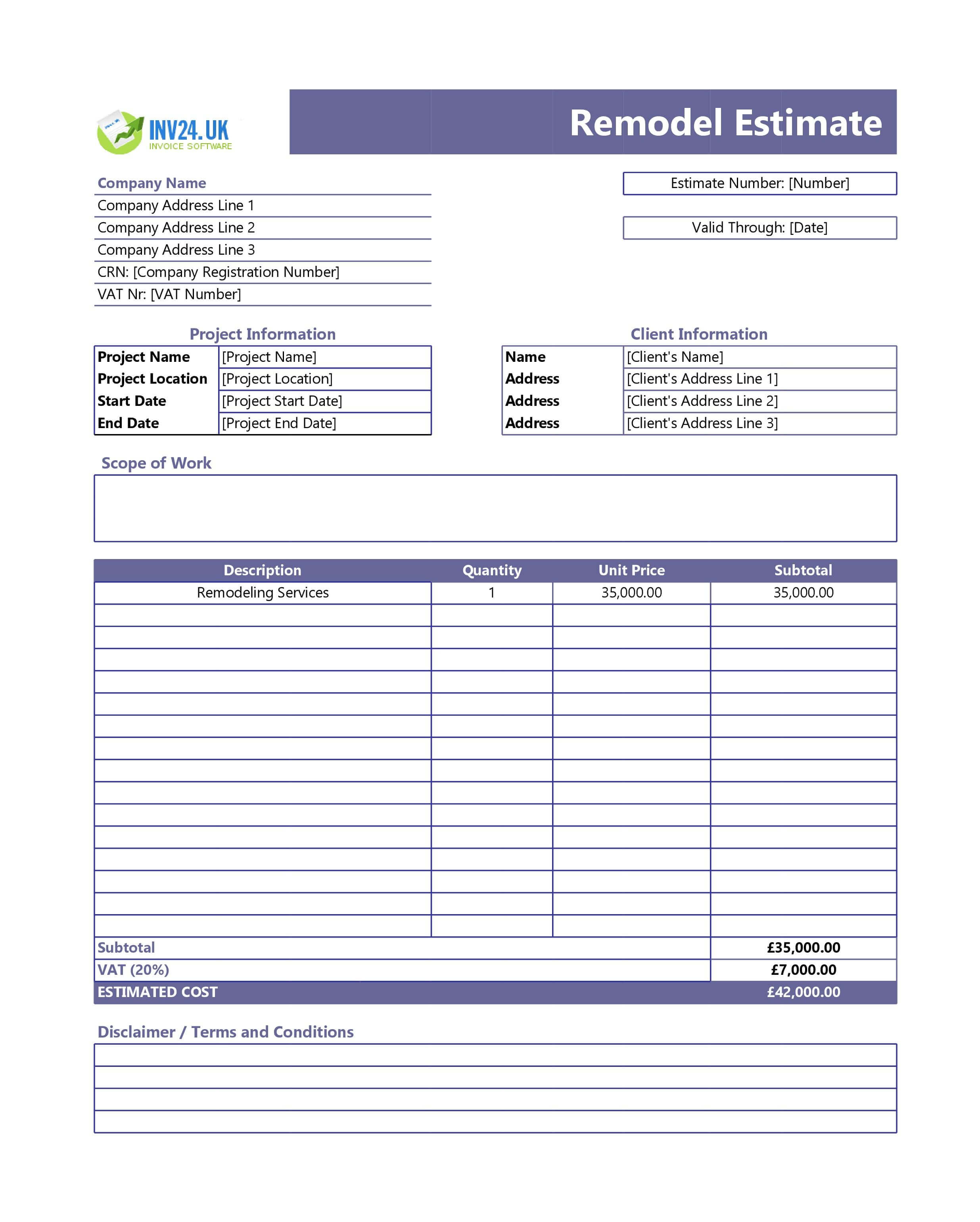 Remodel Estimate Template for UK (Excel / Google Sheets)