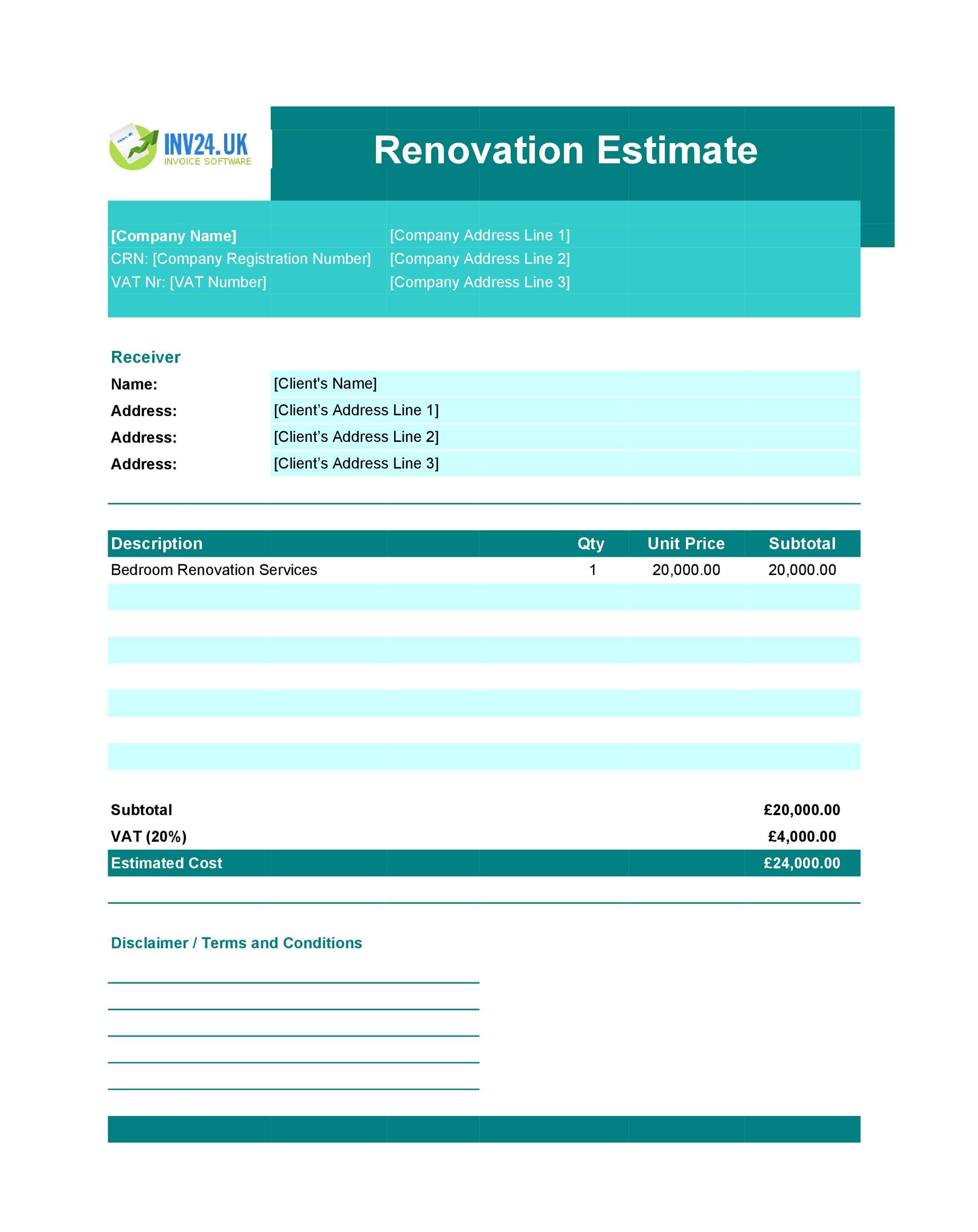 Renovation Estimate Template for UK (Excel / Google Sheets)