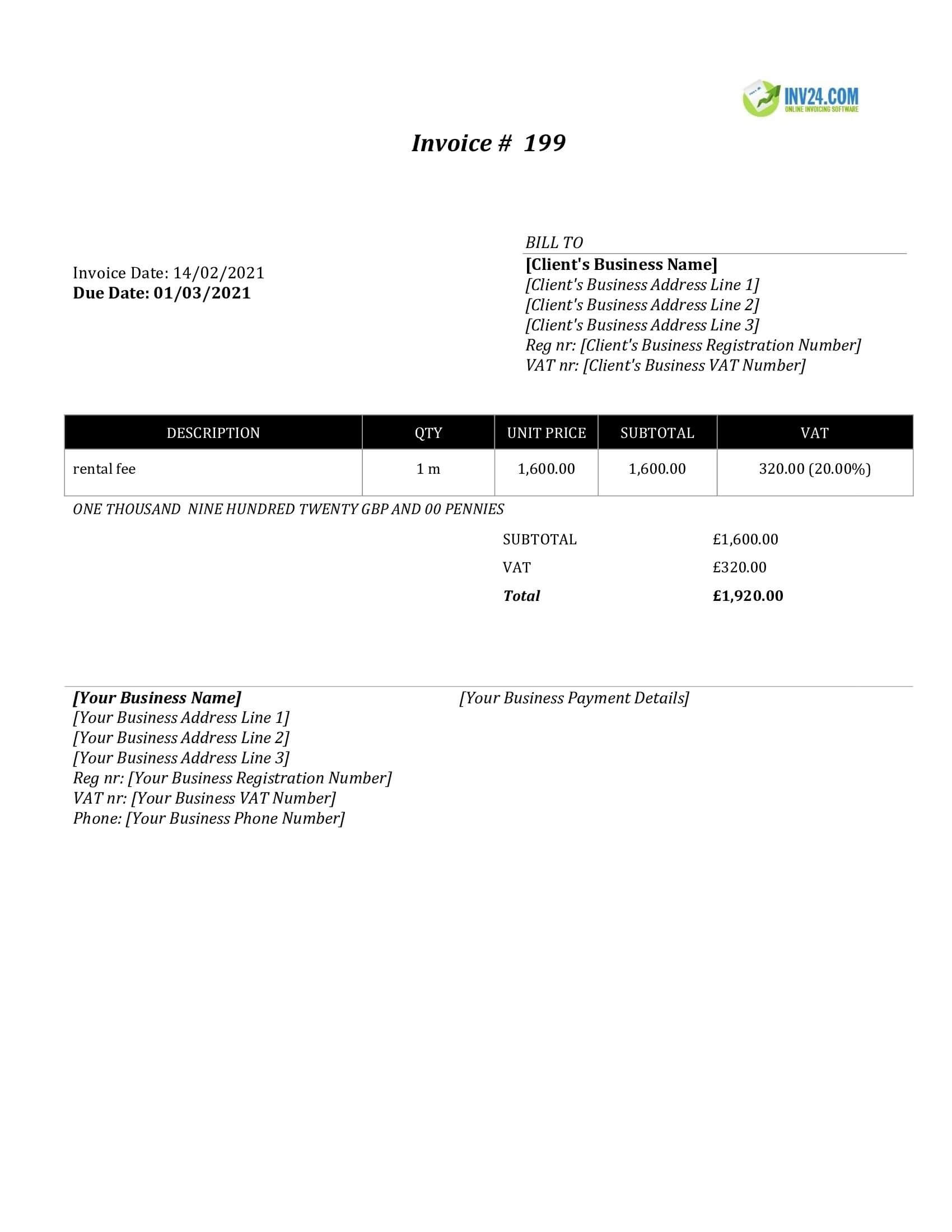 rent invoice template uk