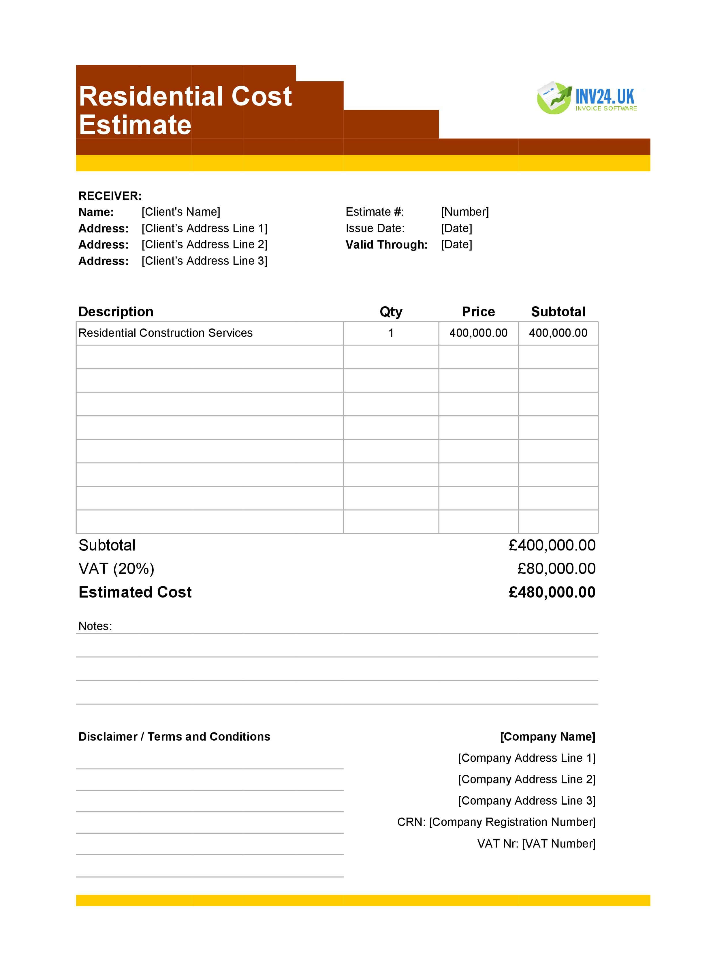 Residential Cost Estimate Template for UK (Excel / Google Sheets)