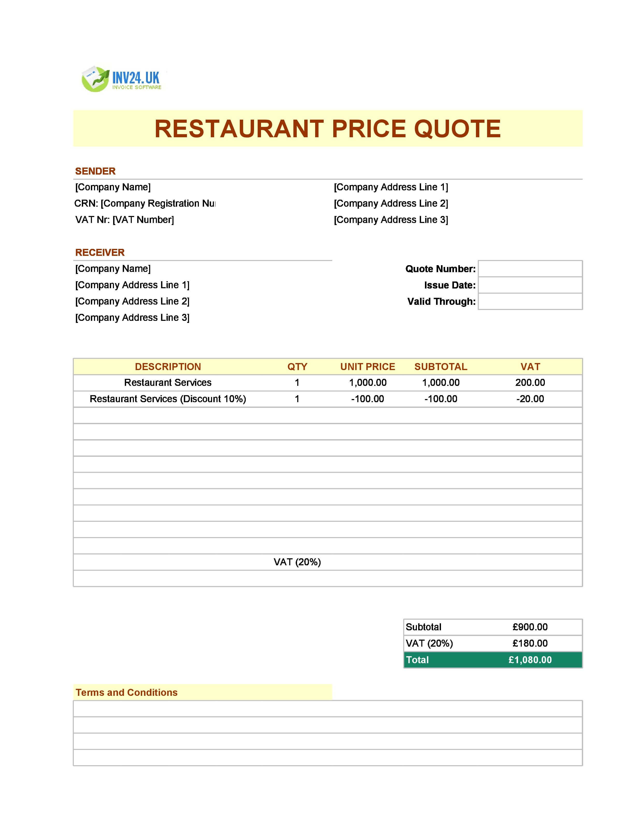 Restaurant Quote Template for UK (Excel / Google Sheets)