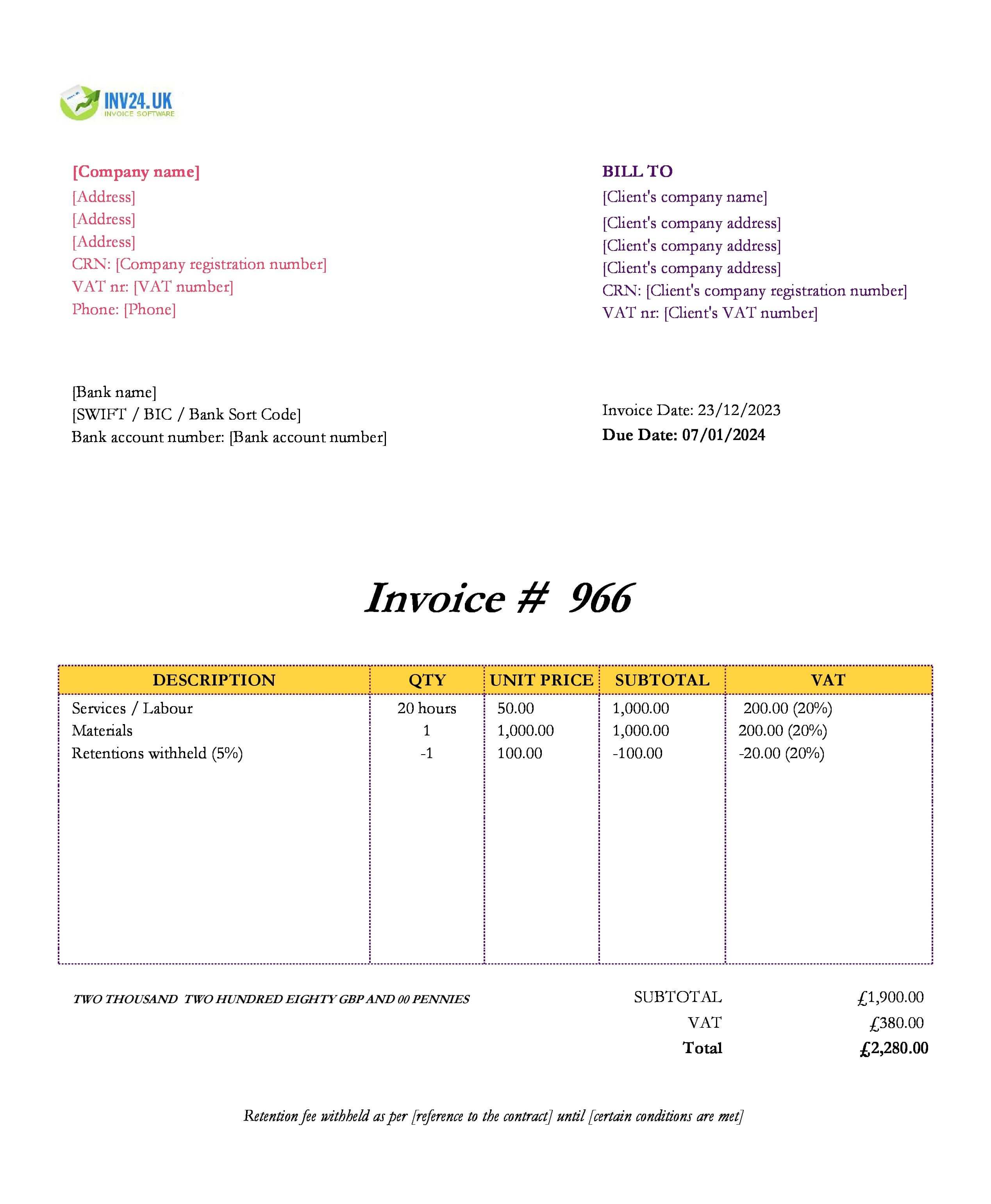 retention invoice example UK