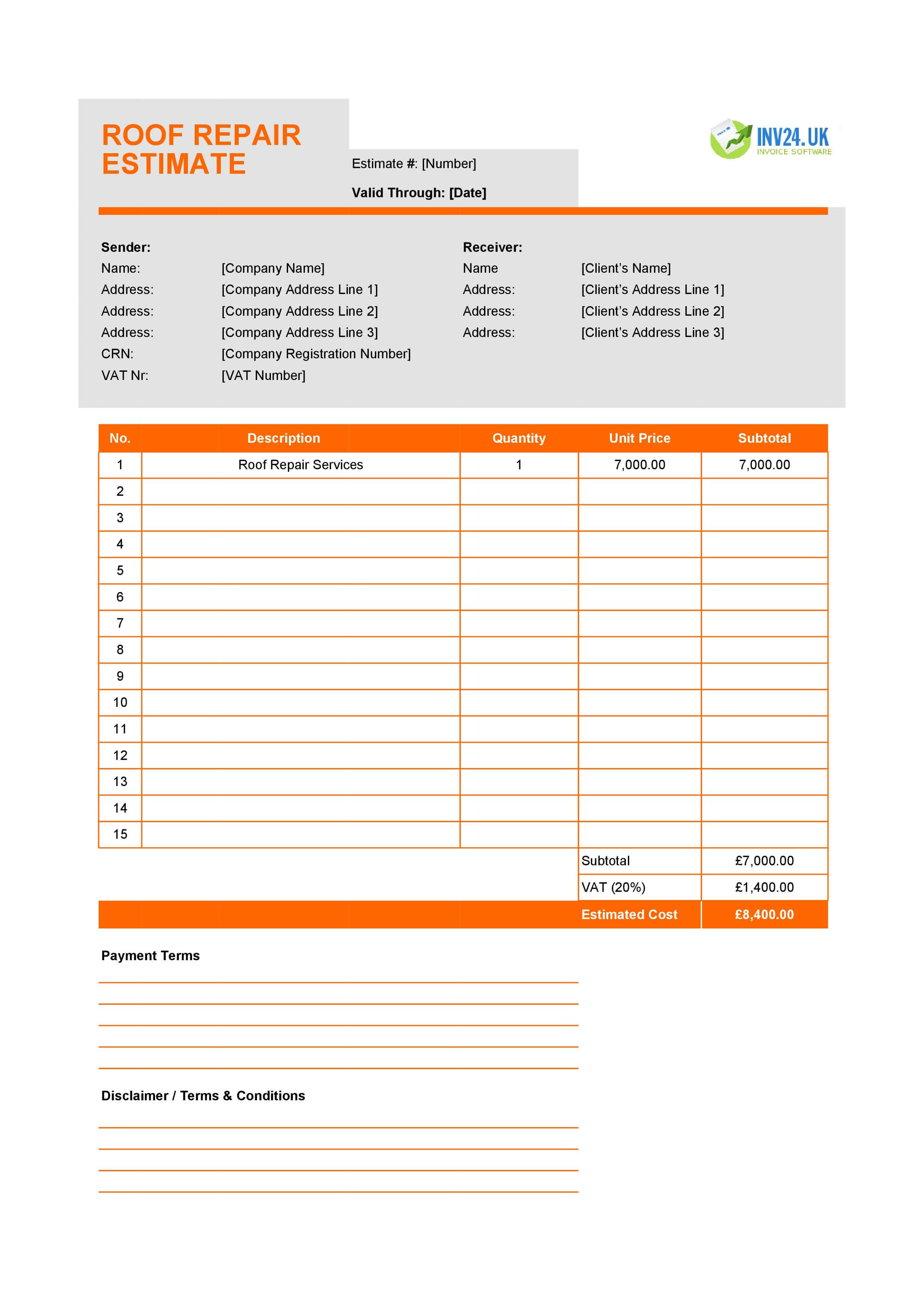 Roof Repair Estimate Template for UK (Excel / Google Sheets)