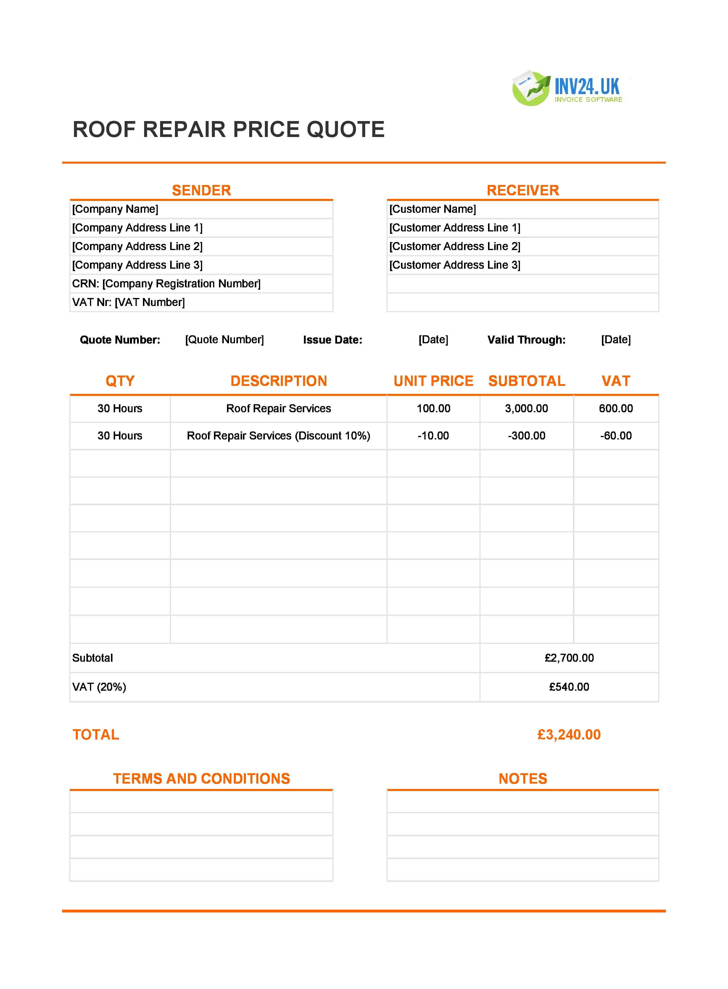 Roof Repair Quote Template for UK (Excel / Google Sheets)