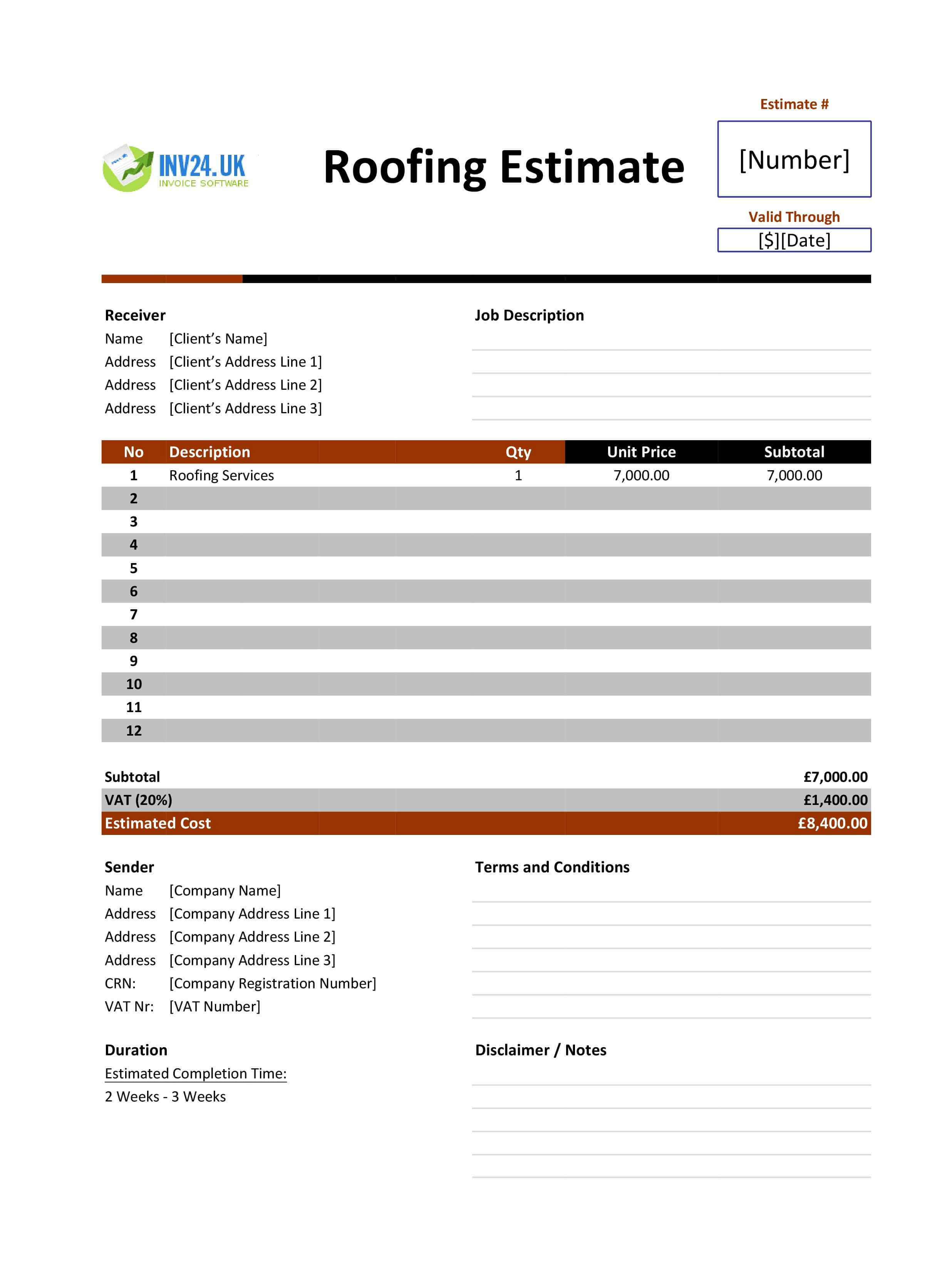 Roofing Estimate Template for UK (Excel / Google Sheets)