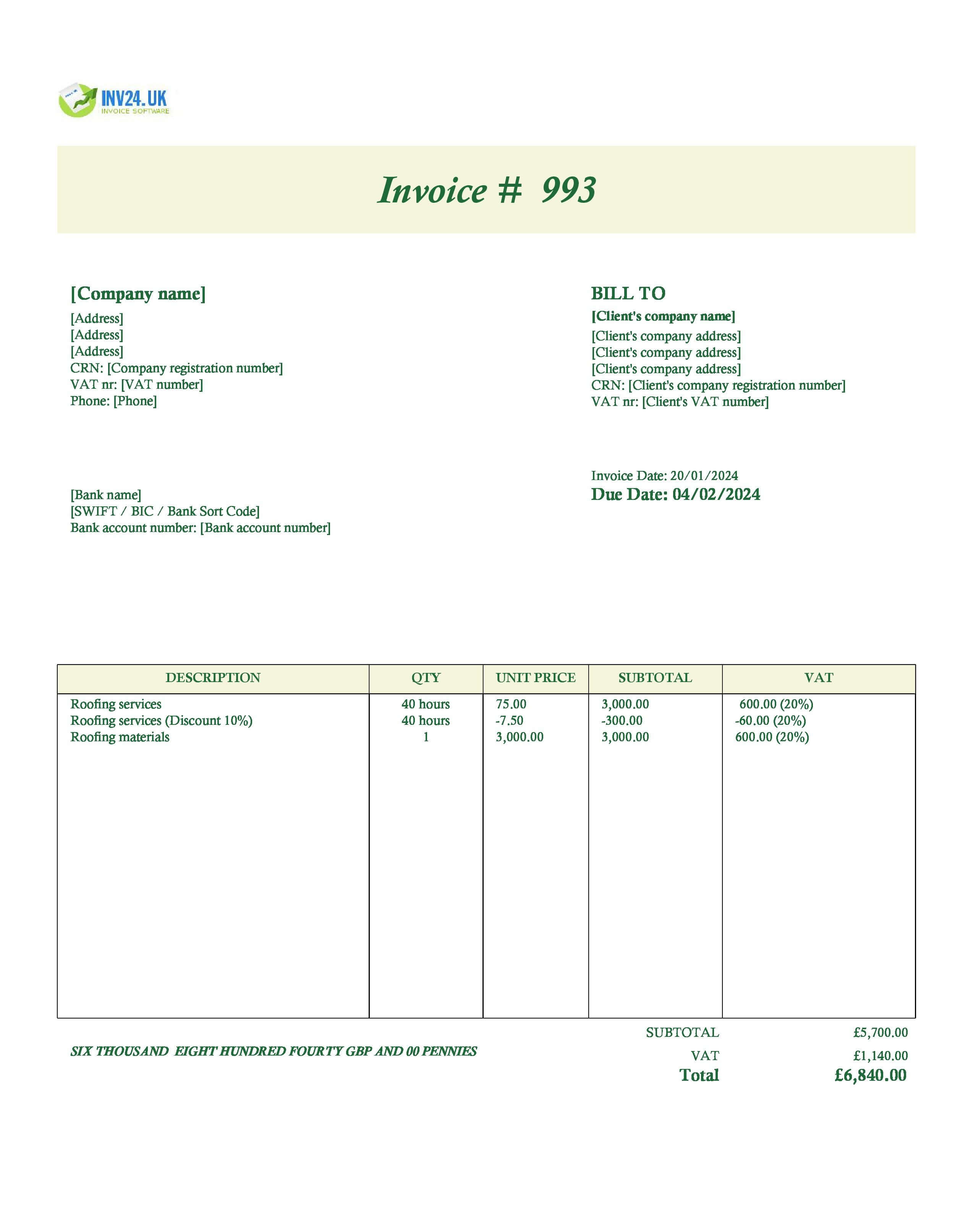 Roofing Invoice Template UK (Excel / Google Sheets)