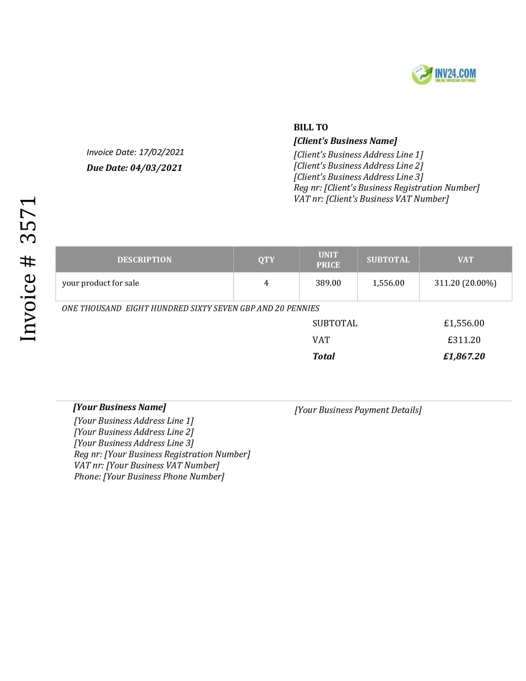 sales invoice template uk