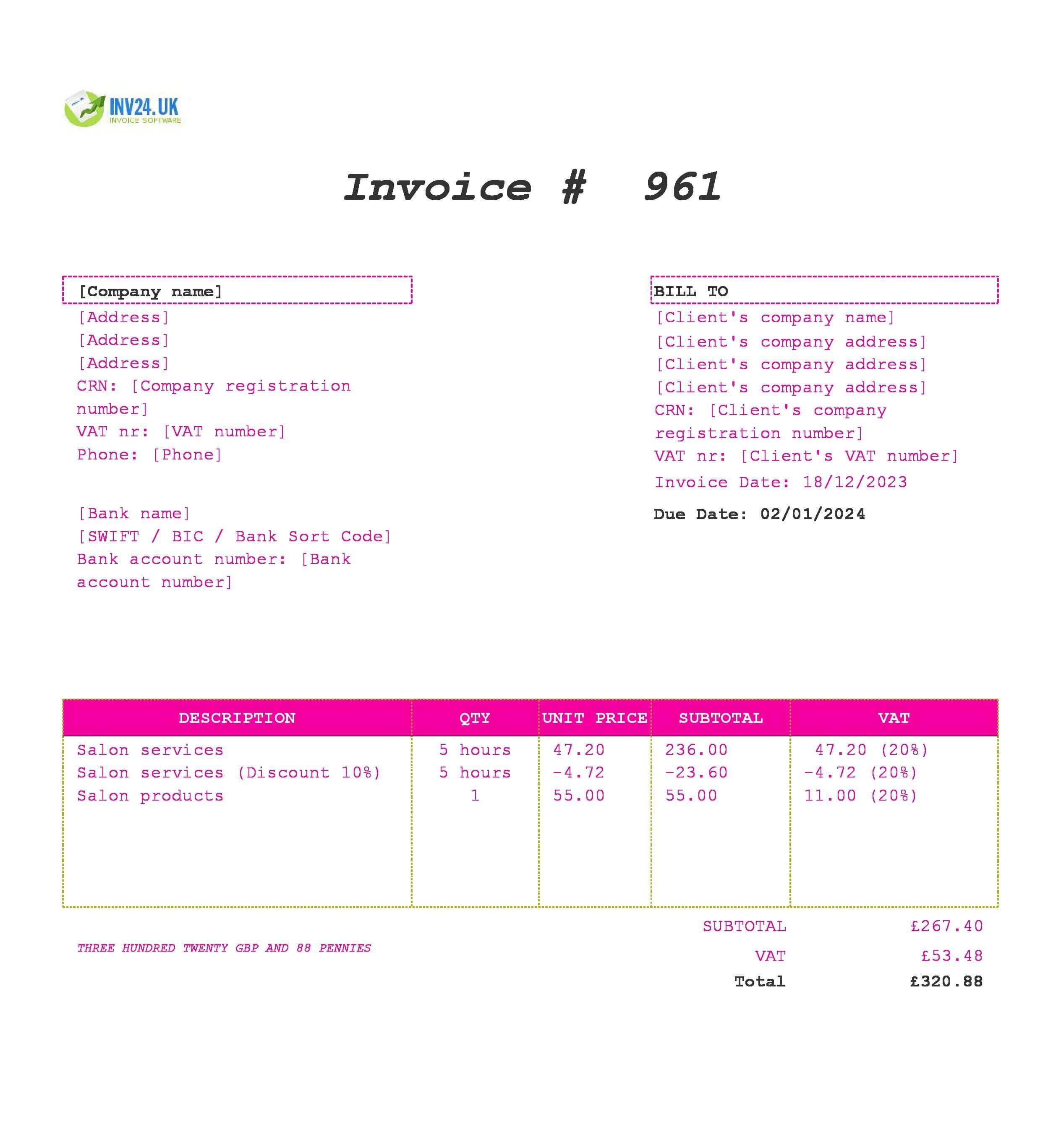 Salon Invoice Template UK (Excel / Google Sheets)
