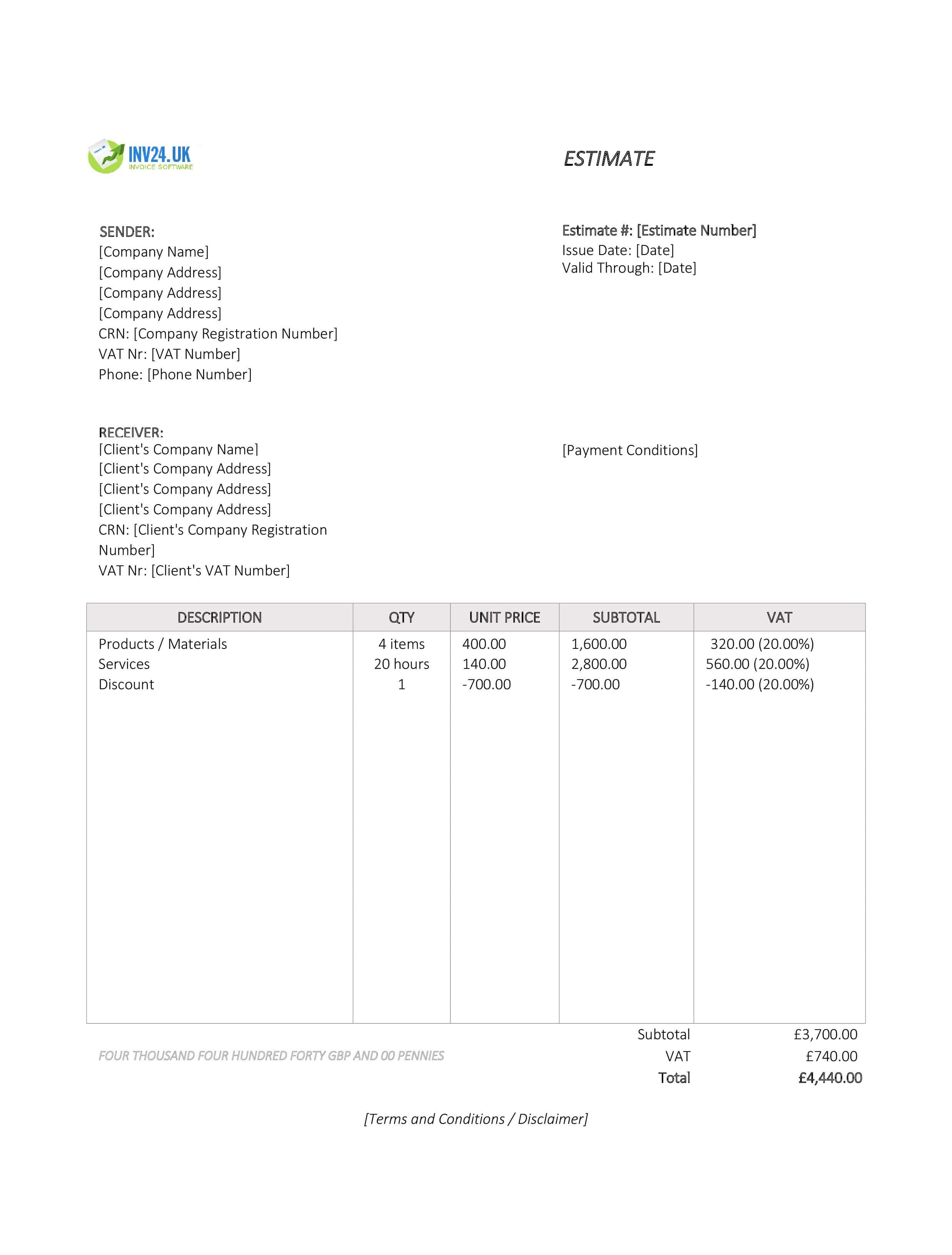 Sample Estimate Template for UK (Excel / Google Sheets)