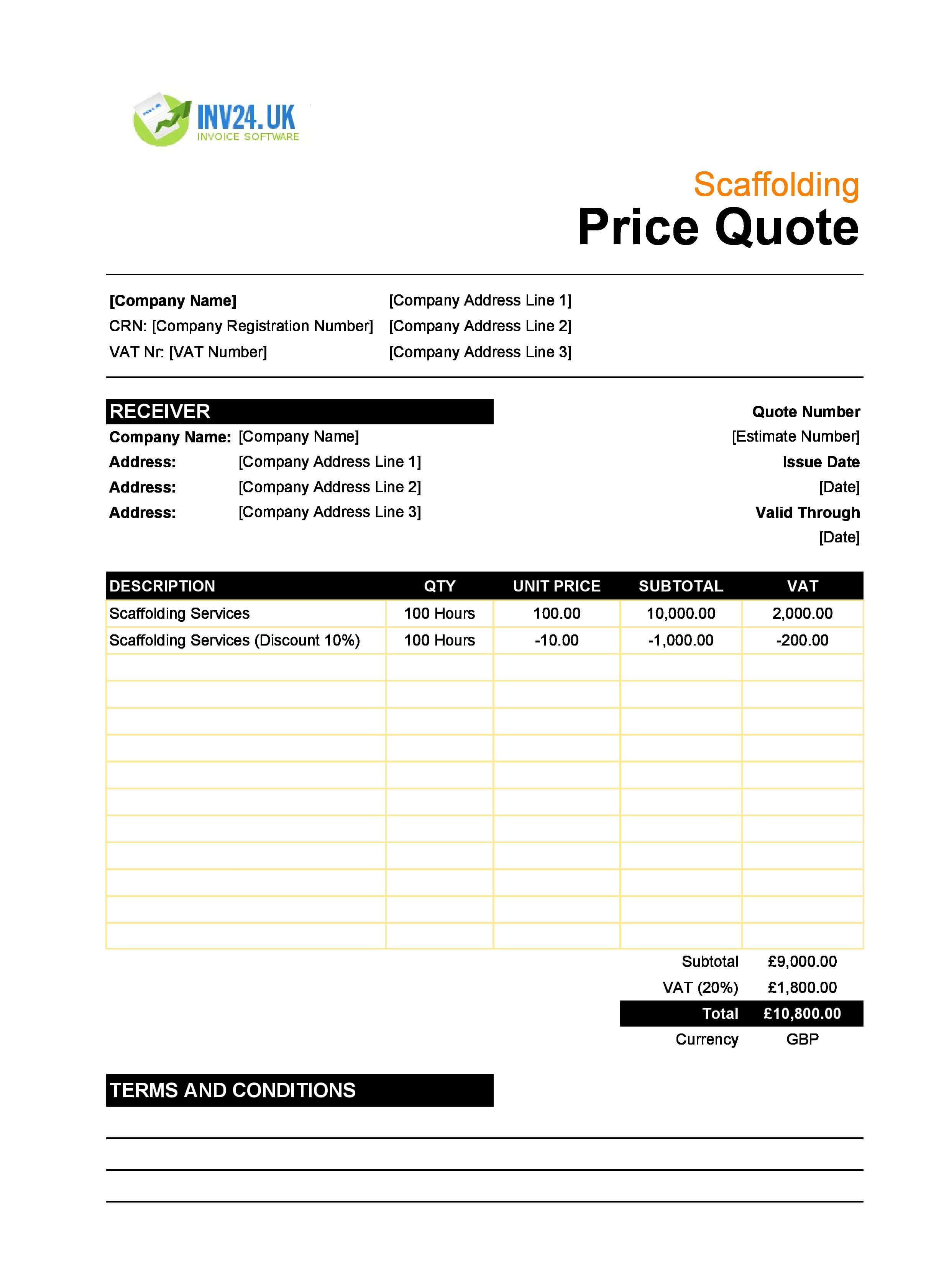 Scaffolding Quote Template for UK (Excel / Google Sheets)