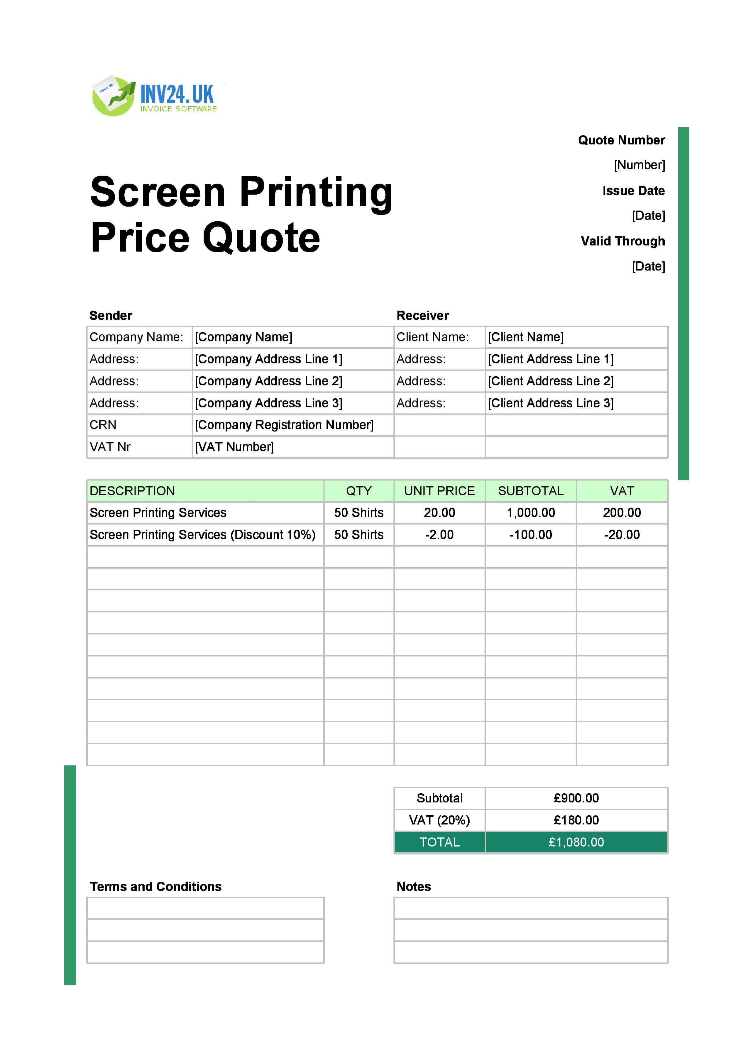Screen Printing Quote Template for UK (Excel / Google Sheets)