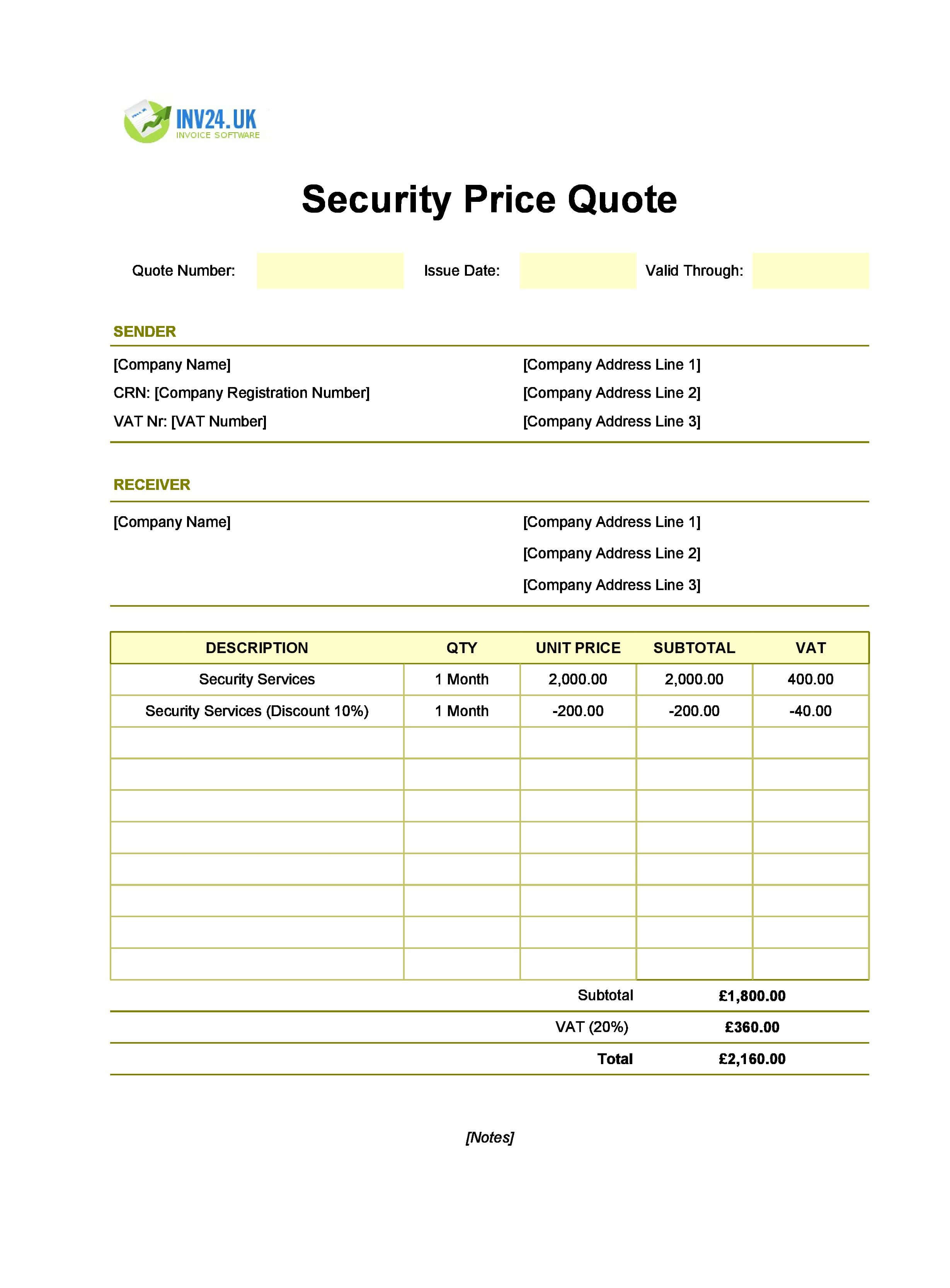 Security Quote Template for UK (Excel / Google Sheets)