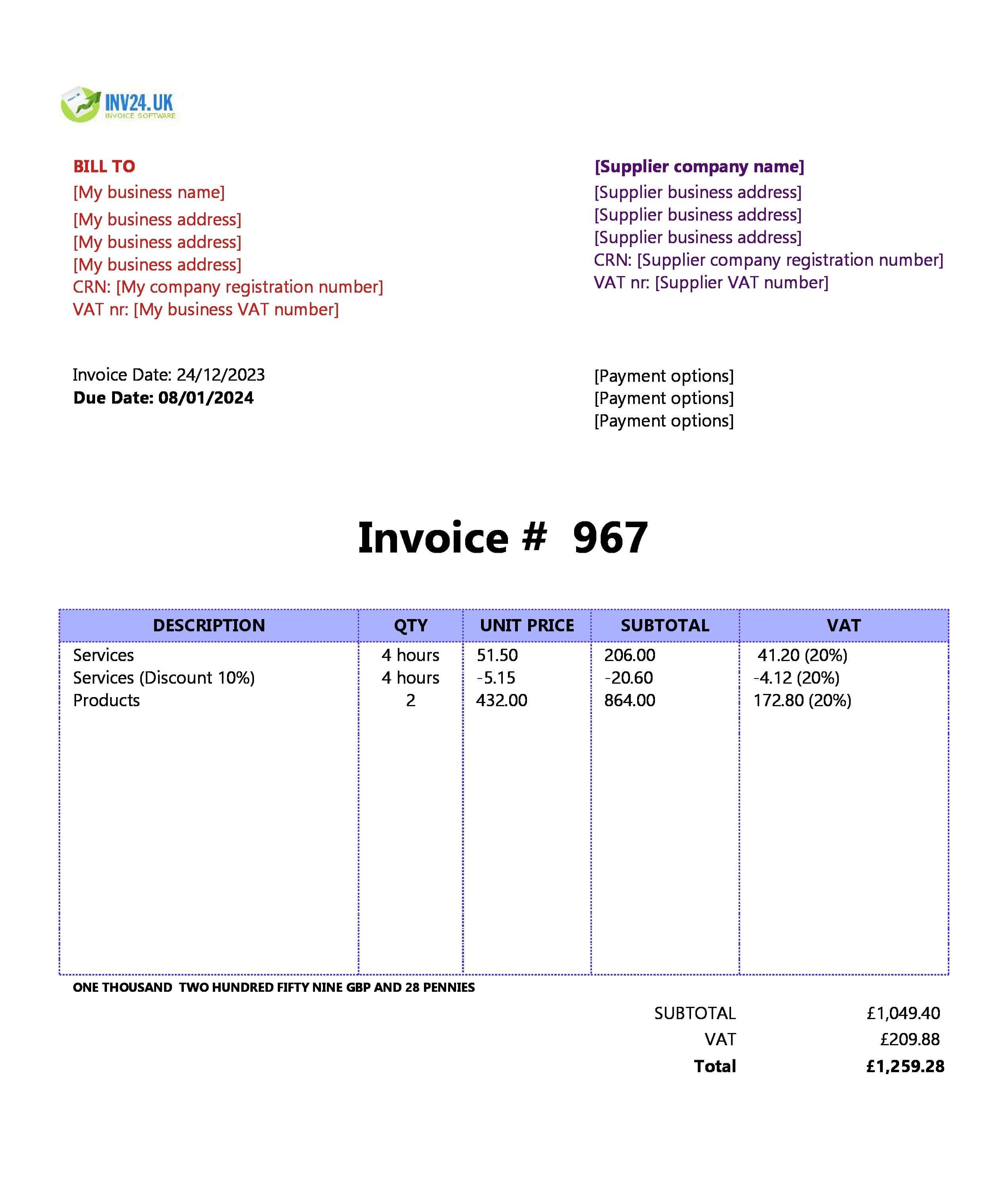 Self-Billing Invoice Template UK (Excel / Google Sheets)
