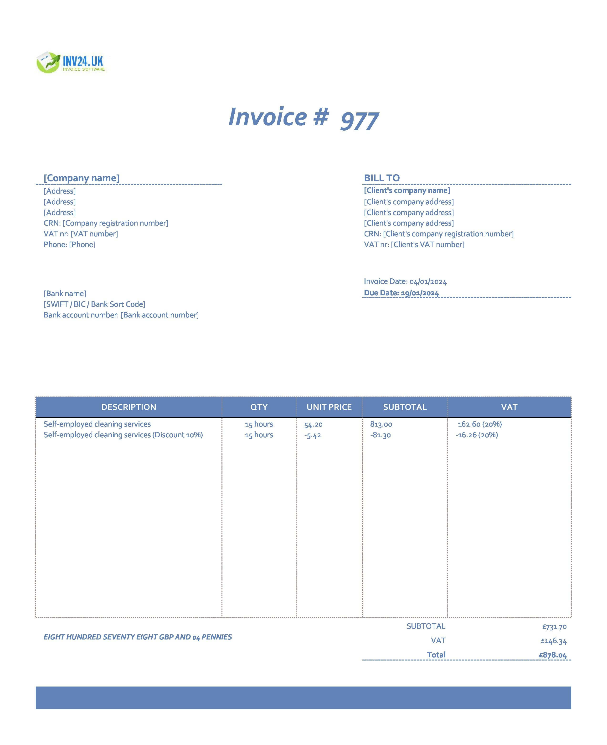 self-employed cleaner invoice template UK