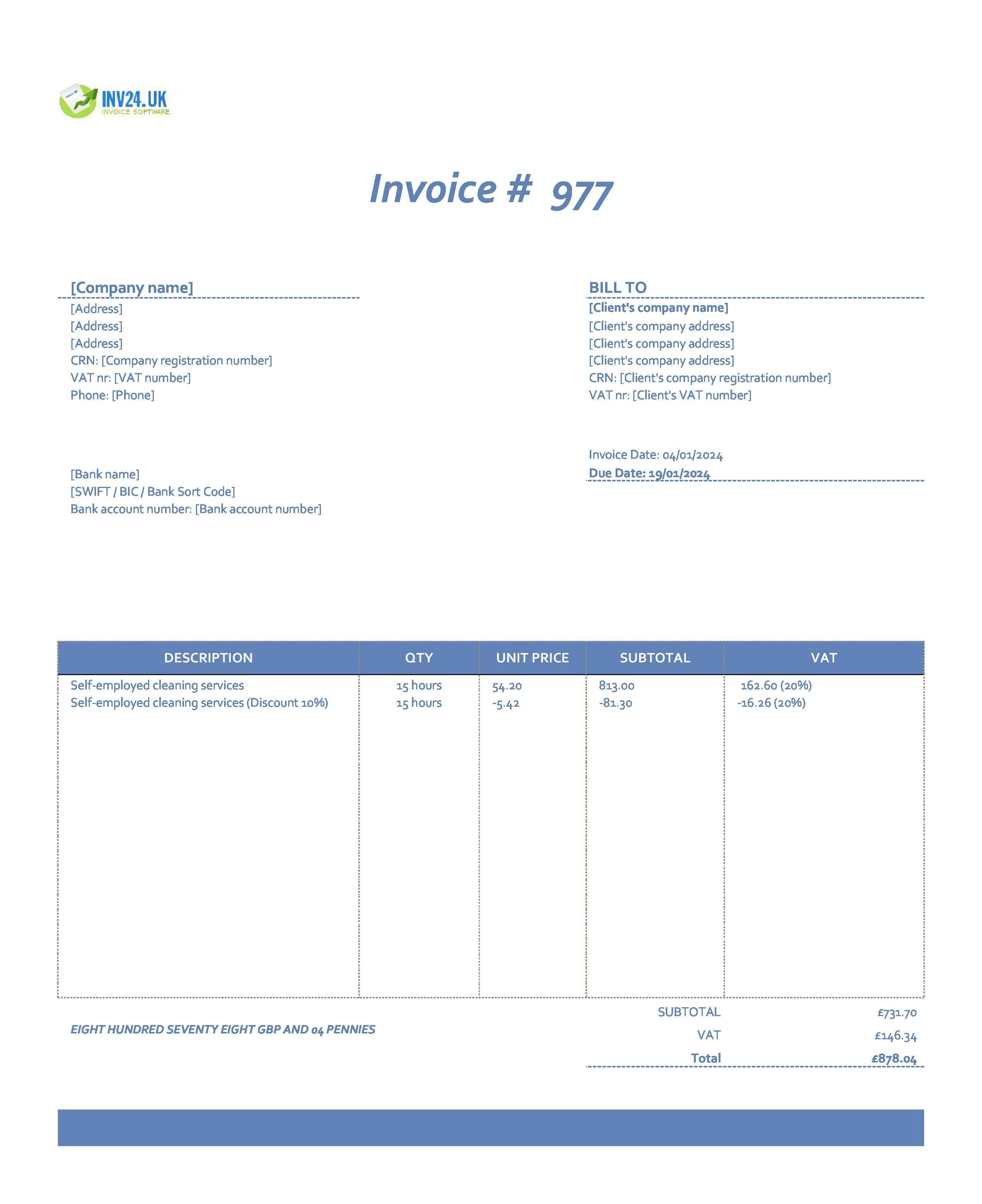 Self-Employed Cleaner Invoice Template UK (Excel / Google Sheets)