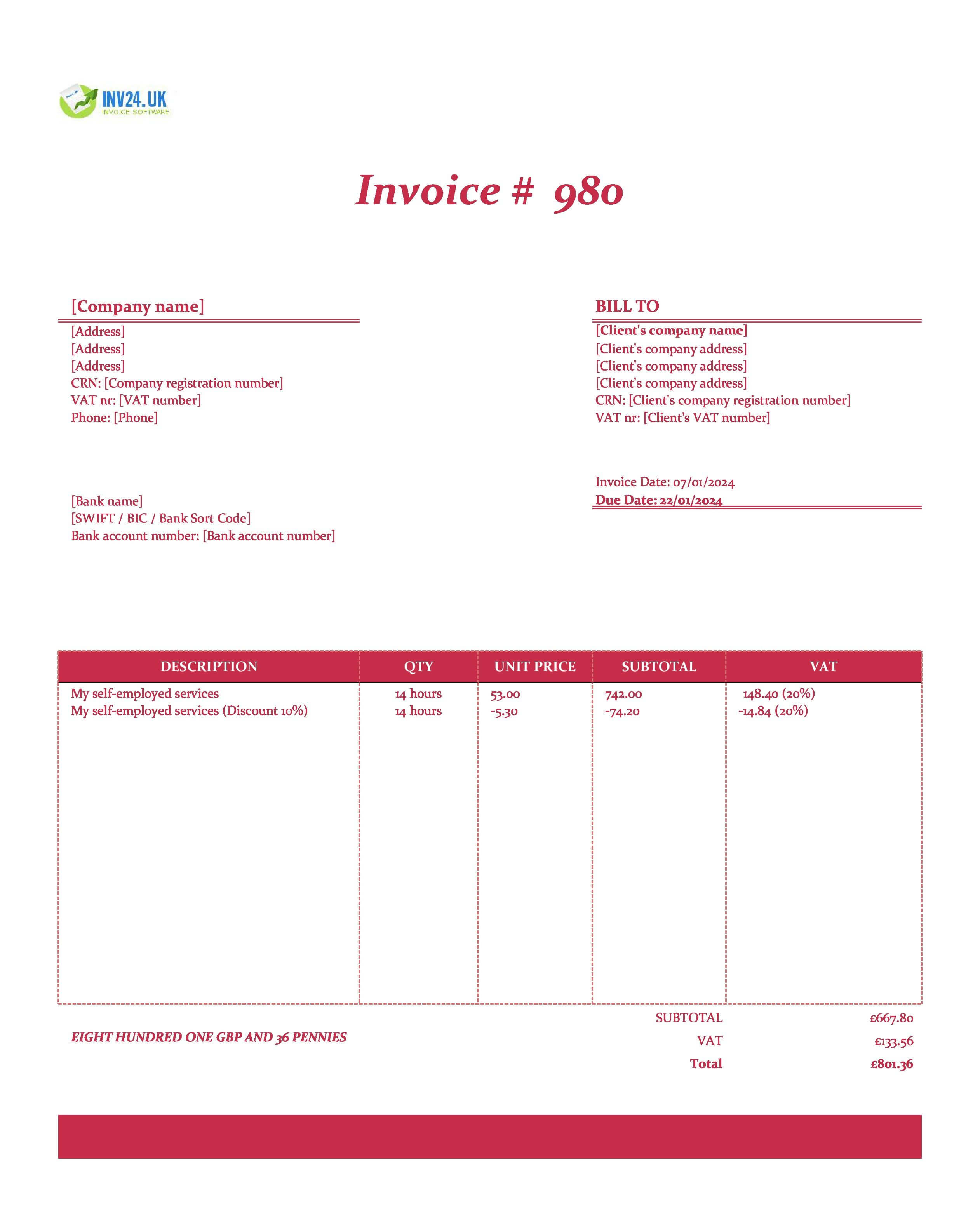 Self-Employed Invoice Template UK (Excel / Google Sheets)