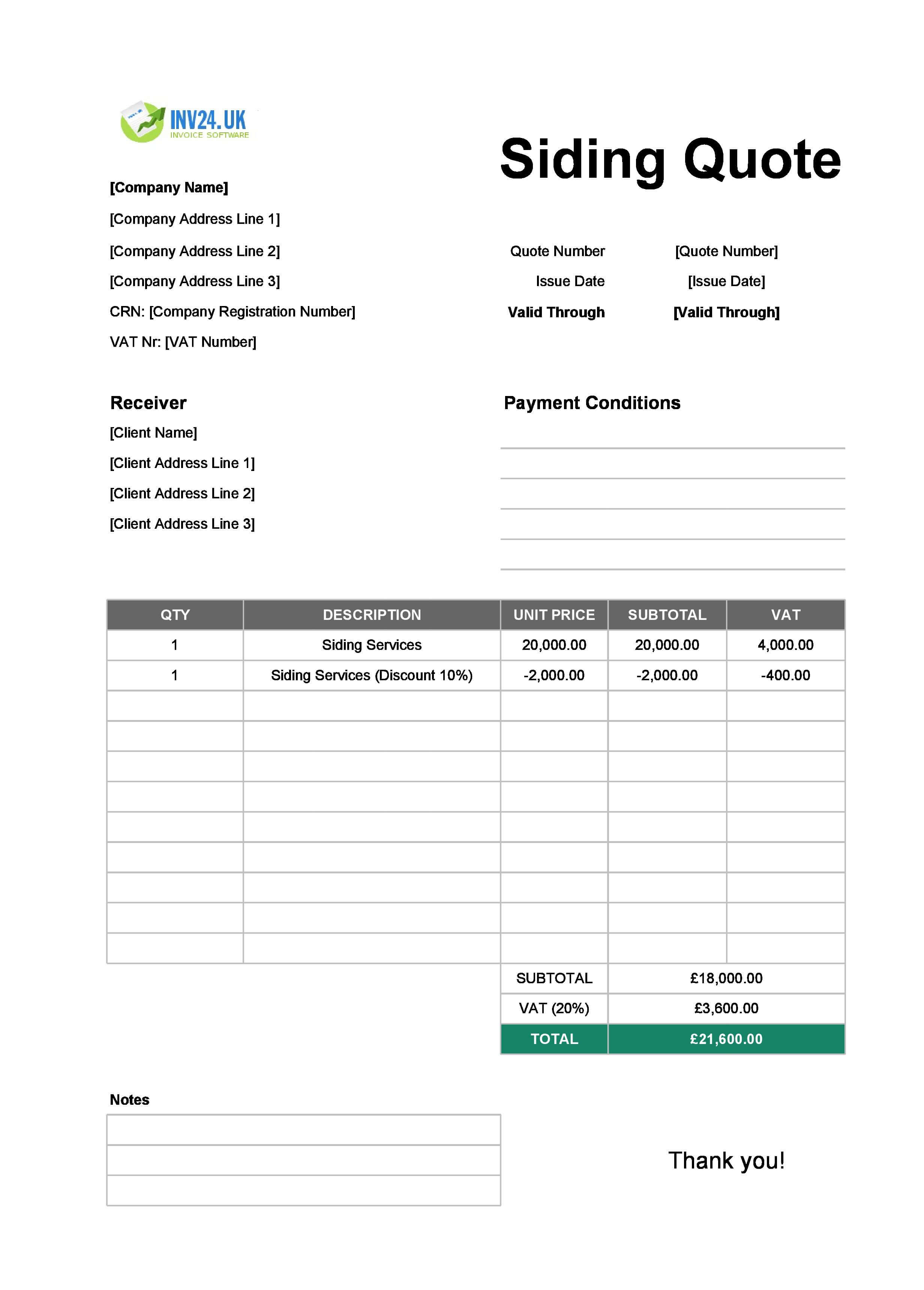 Siding Quote Template for UK (Excel / Google Sheets)