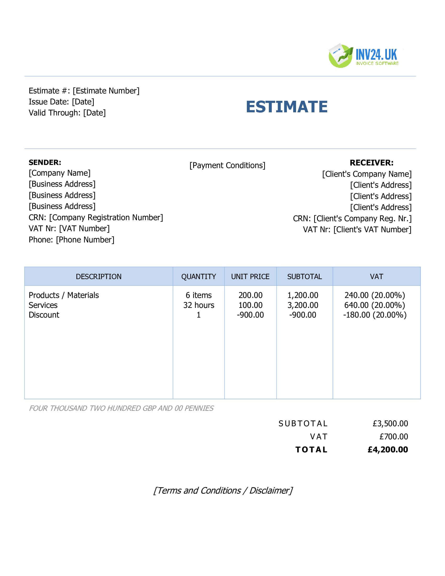 Simple Estimate Template for UK (Word / Google Docs)