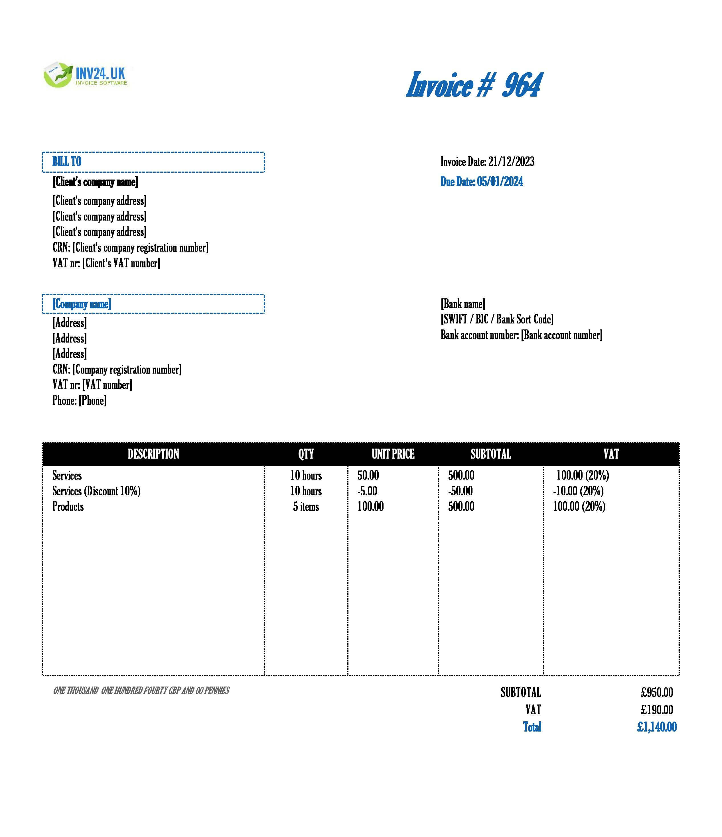 Simple Invoice Template Sheets UK (Excel / Google Sheets)