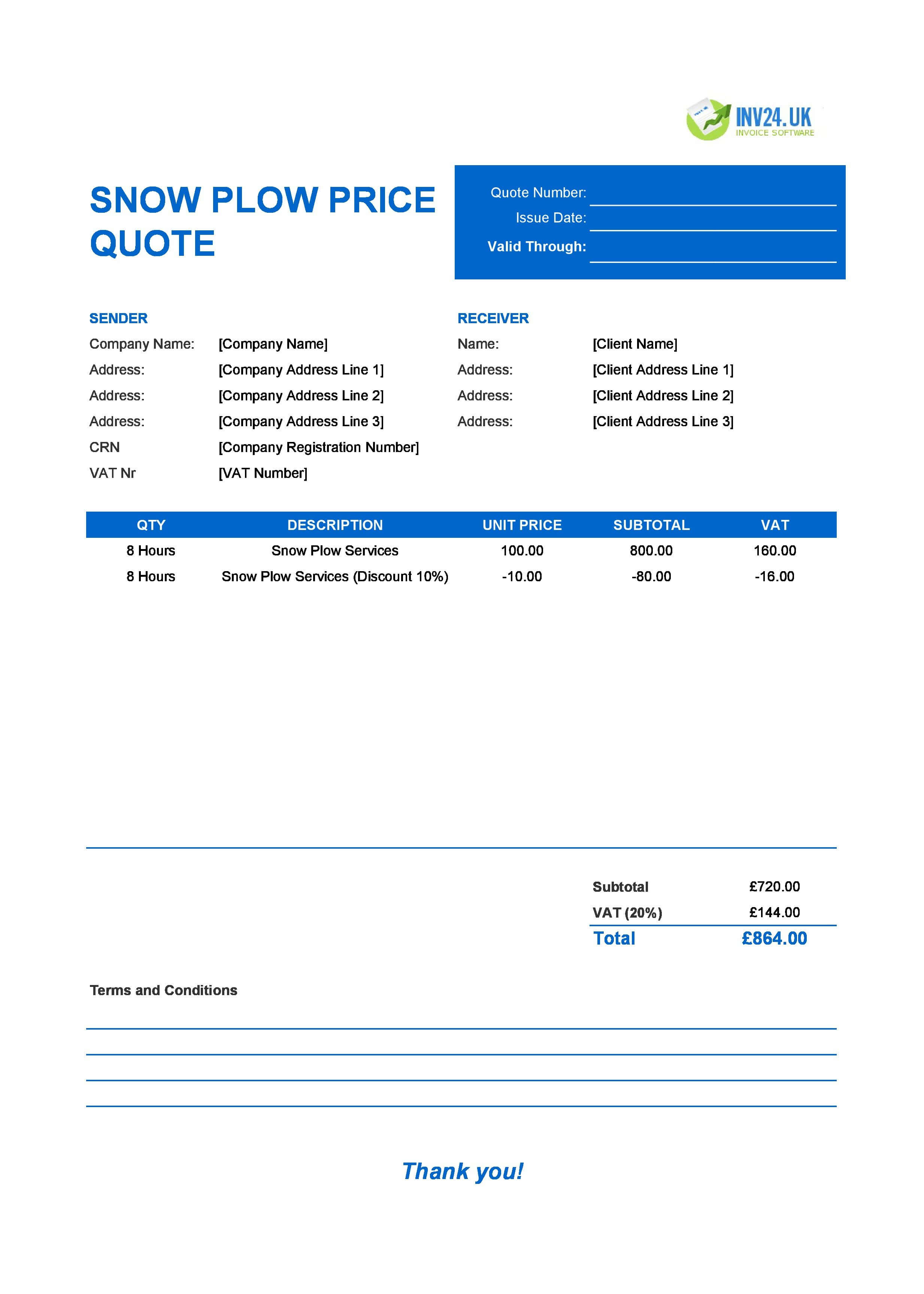 Snow Plow Quote Template for UK (Excel / Google Sheets)
