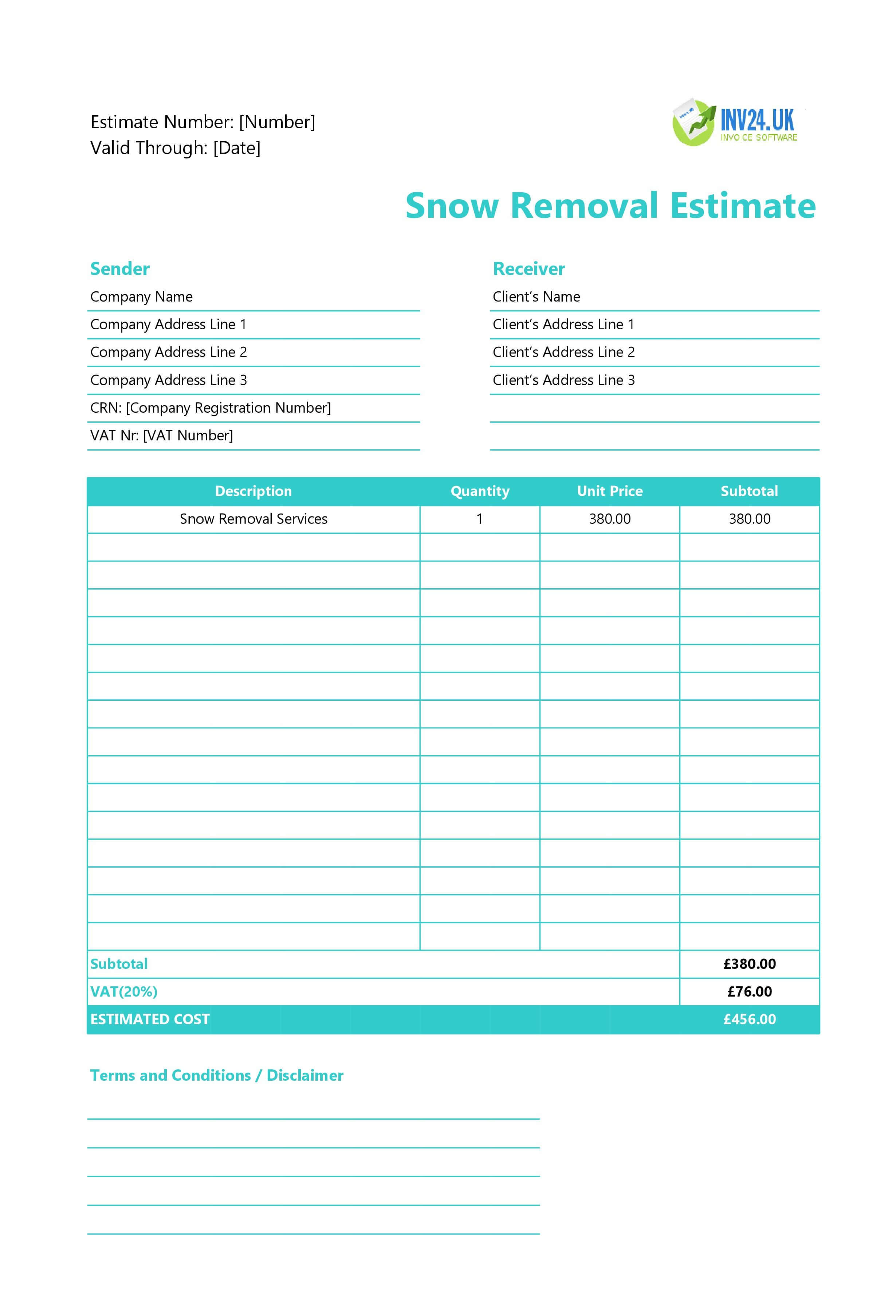 Snow Removal Estimate Template for UK (Excel / Google Sheets)