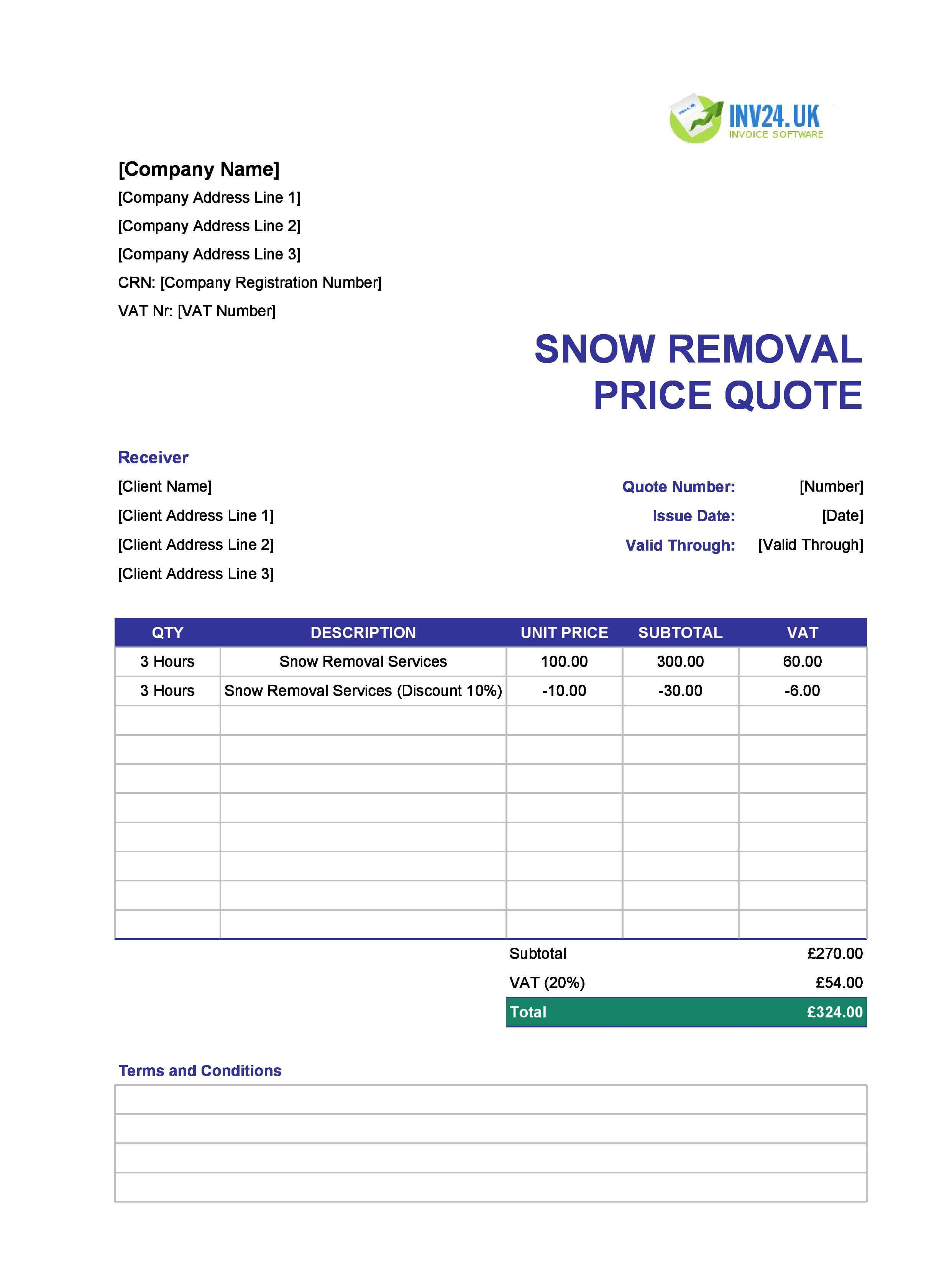 Snow Removal Quote Template for UK (Excel / Google Sheets)