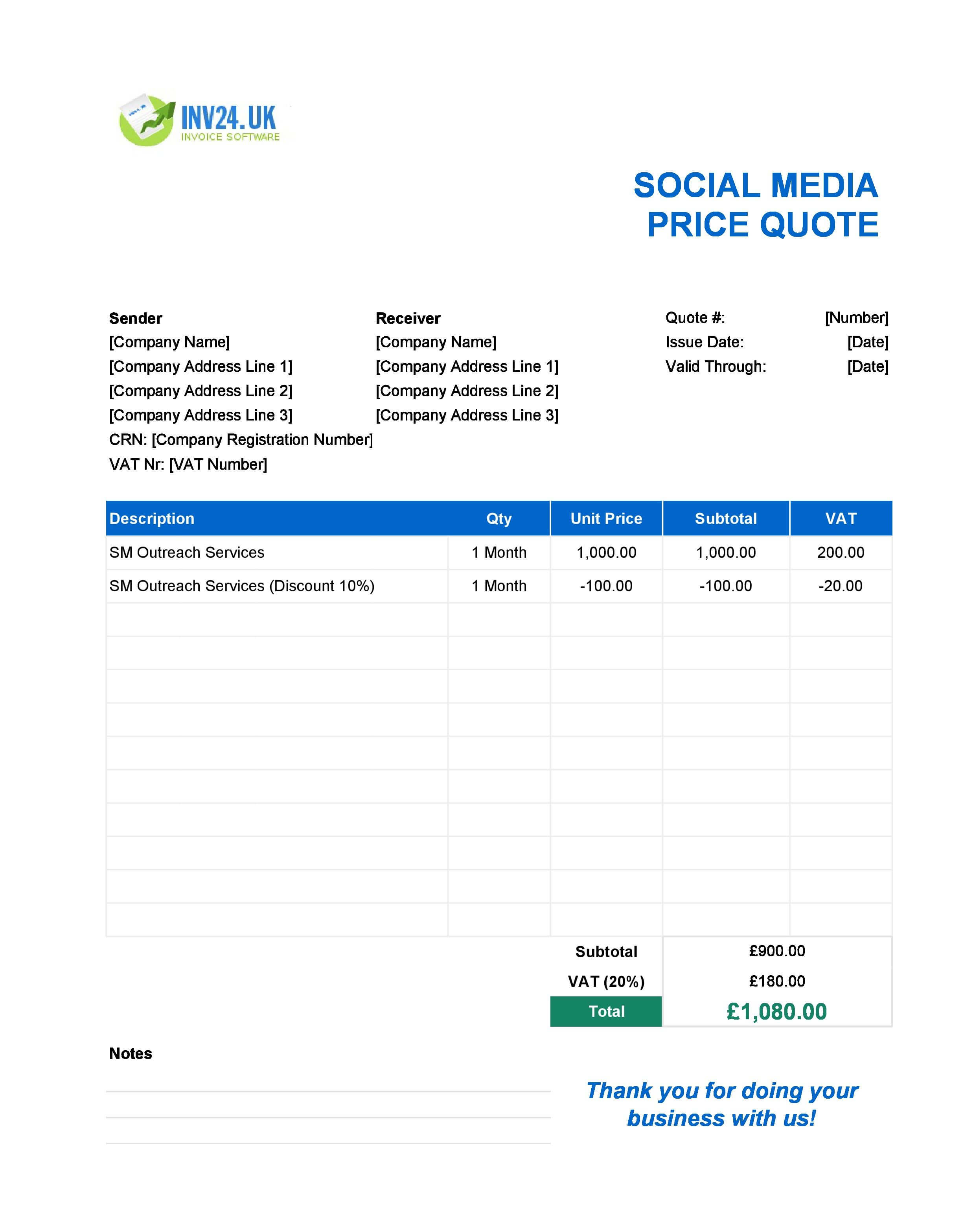 Social Media Quote Template for UK (Excel / Google Sheets)