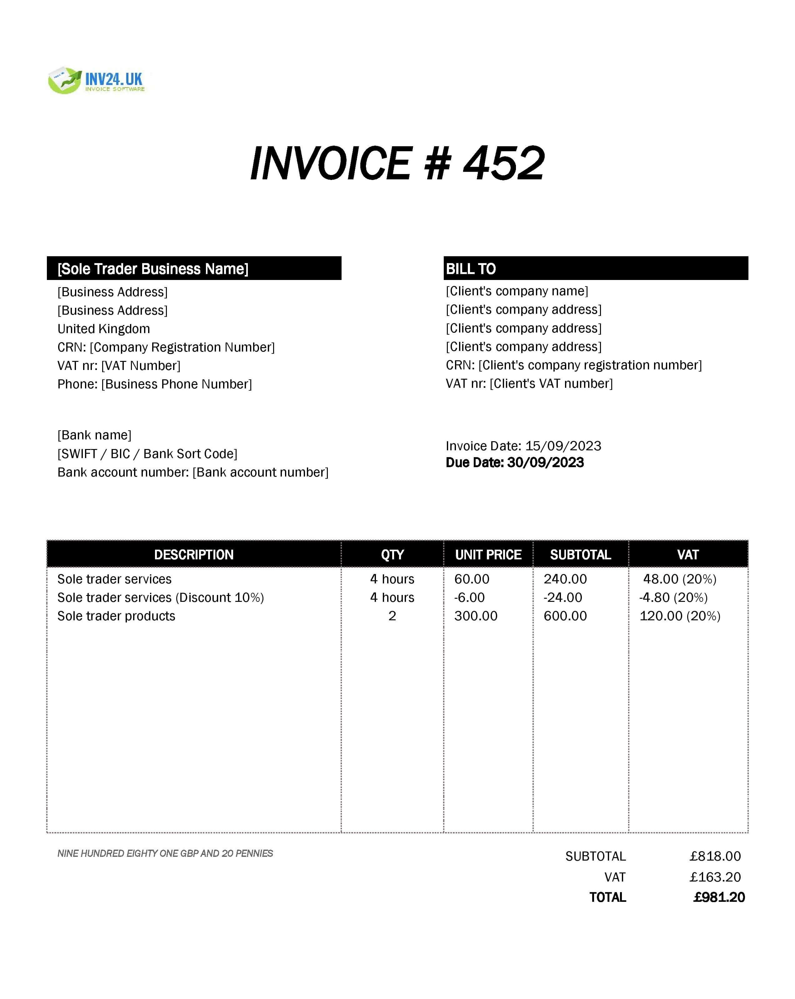 Sole Trader Invoice Template PDF UK (PDF)